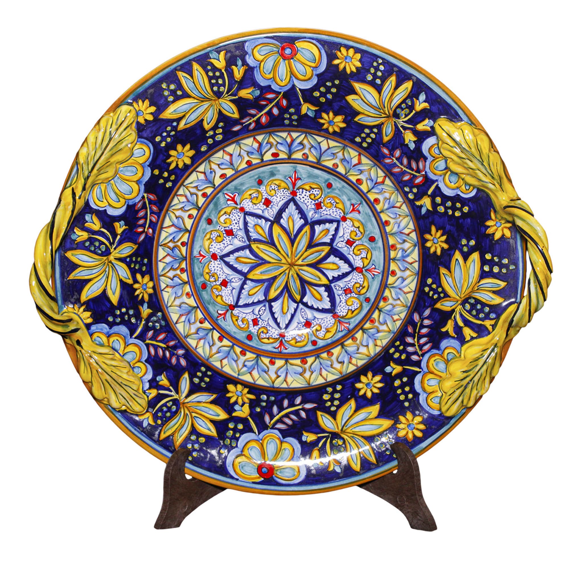 Blue Floral Fruit Bowl with Leaf Handles - Main view