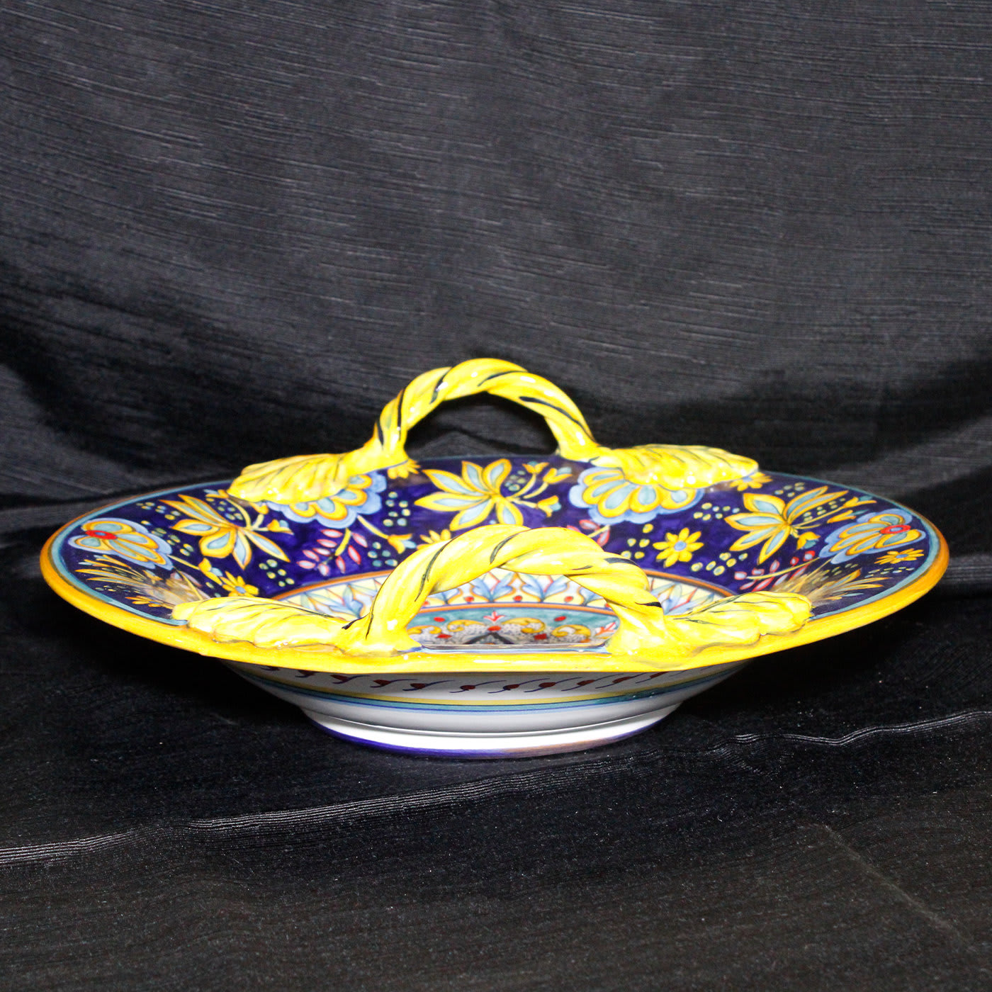 Blue Floral Fruit Bowl with Leaf Handles - Idea Ceramica