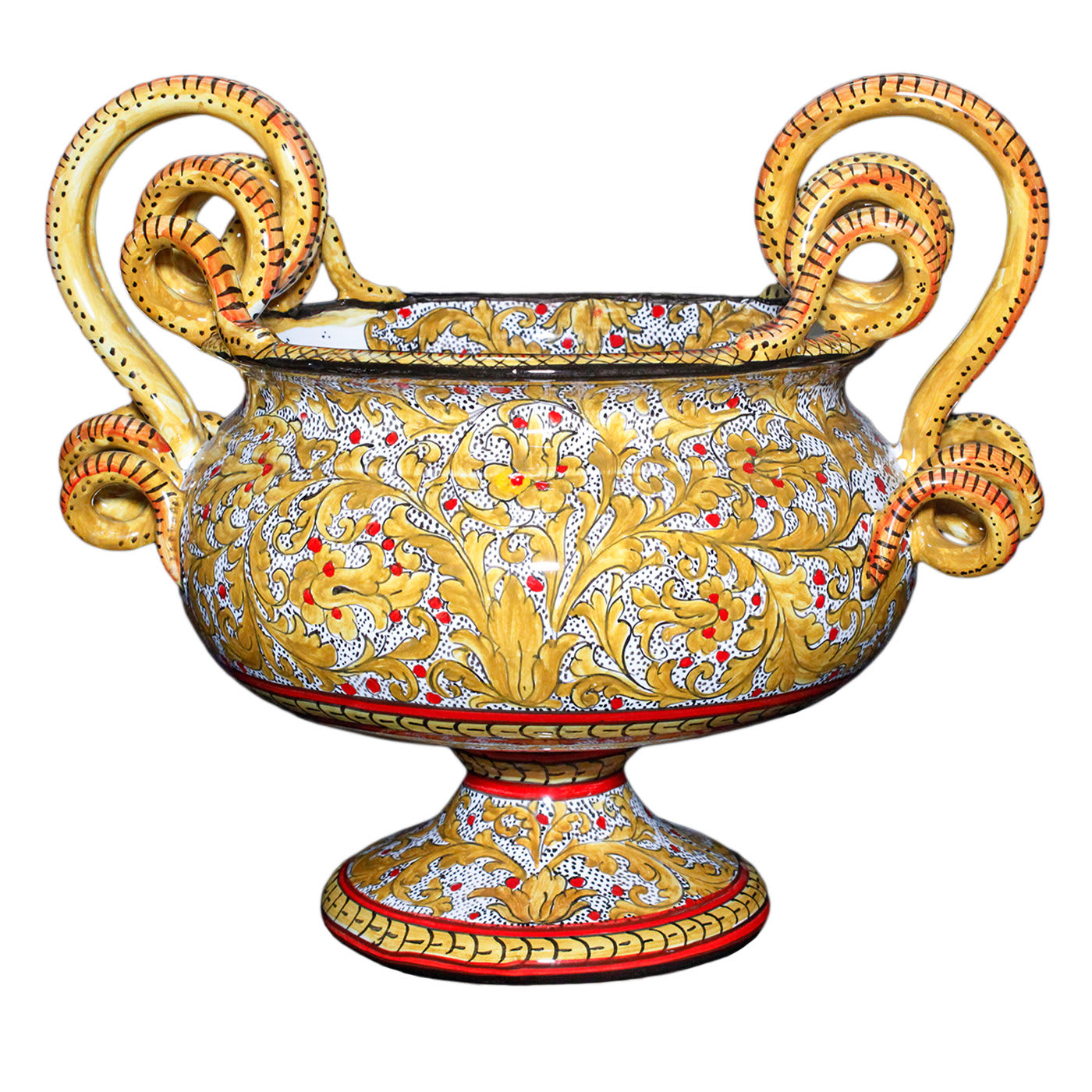 Ruby And Yellow Damask Amphora with Snake Handles - Idea Ceramica