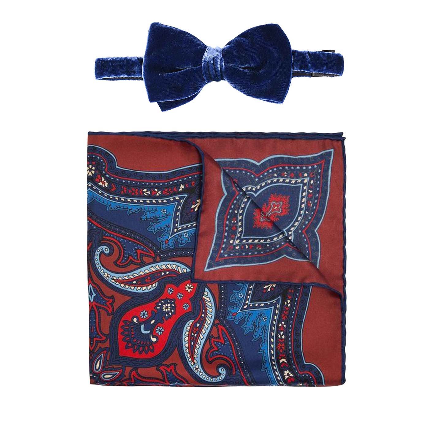 Set of Blue and Red Pocket Square and Bow Tie - Serà Fine Silk