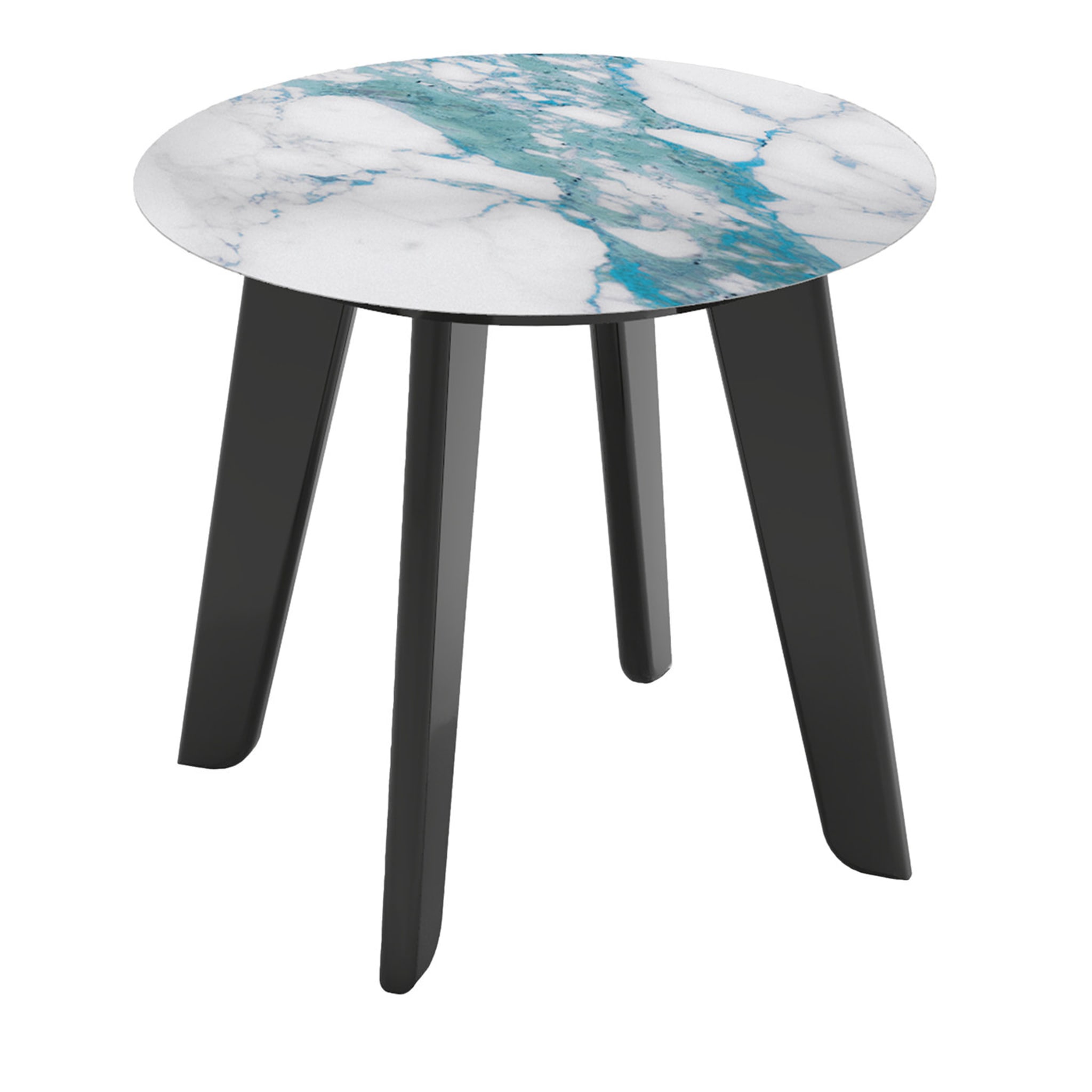 Owen Low Round Side Table with White and Turquoise Top (Table d'appoint ronde basse avec plateau blanc et turquoise) - Vue principale