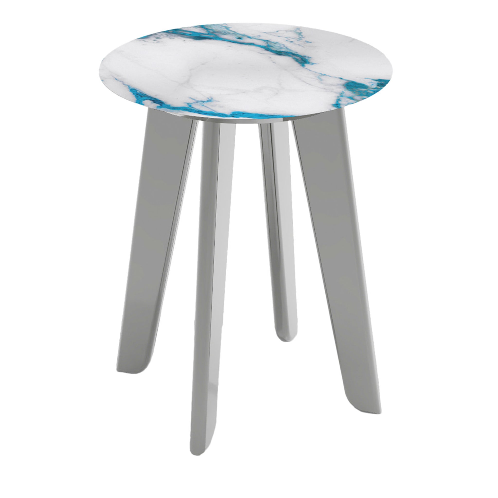 Owen Tall Round Side Table with White and Turquoise Top (Table d'appoint ronde haute avec plateau blanc et turquoise) - Vue principale