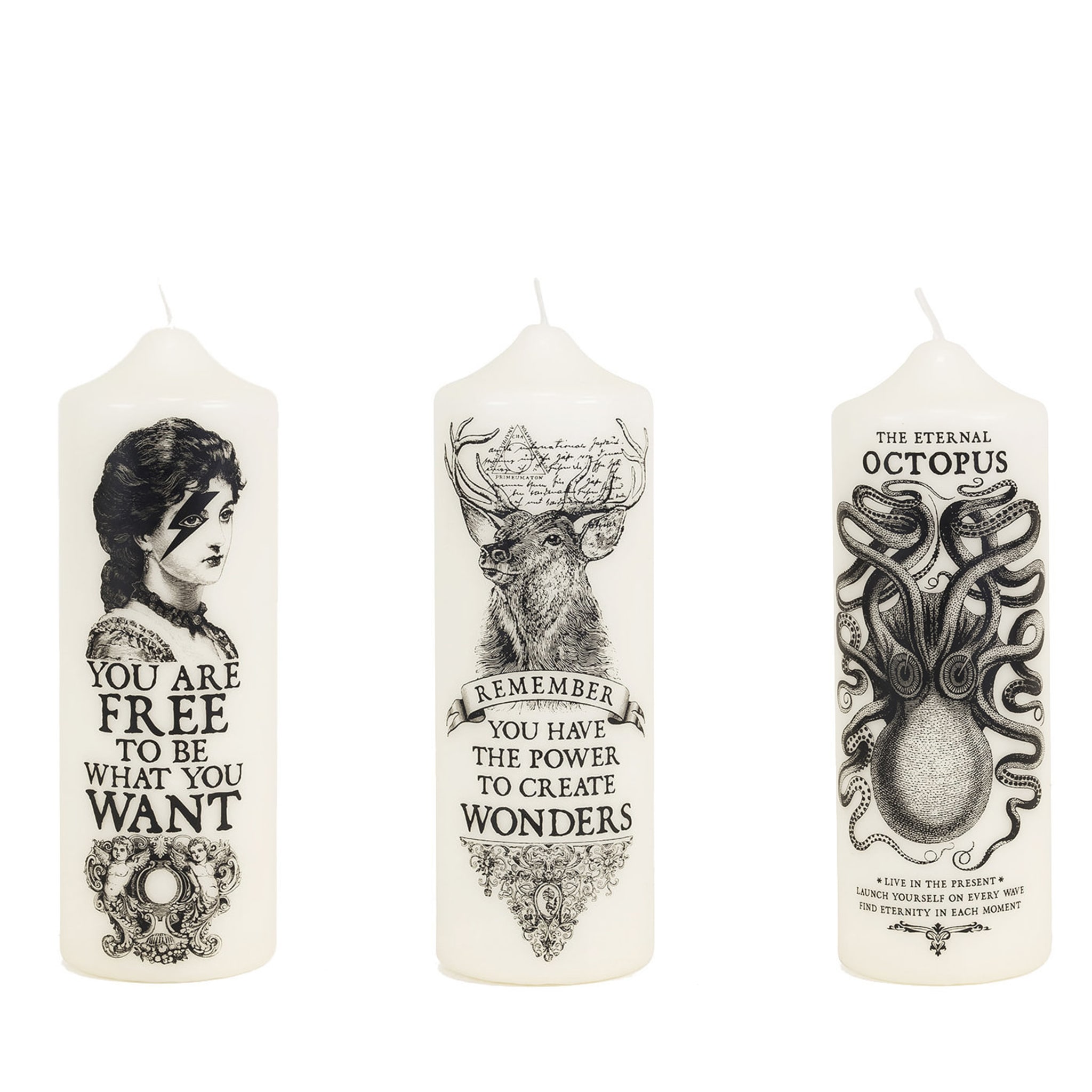 Set of 3 Pillar Candles: You Are Free, The Eternal Octopus, Wonders - Main view