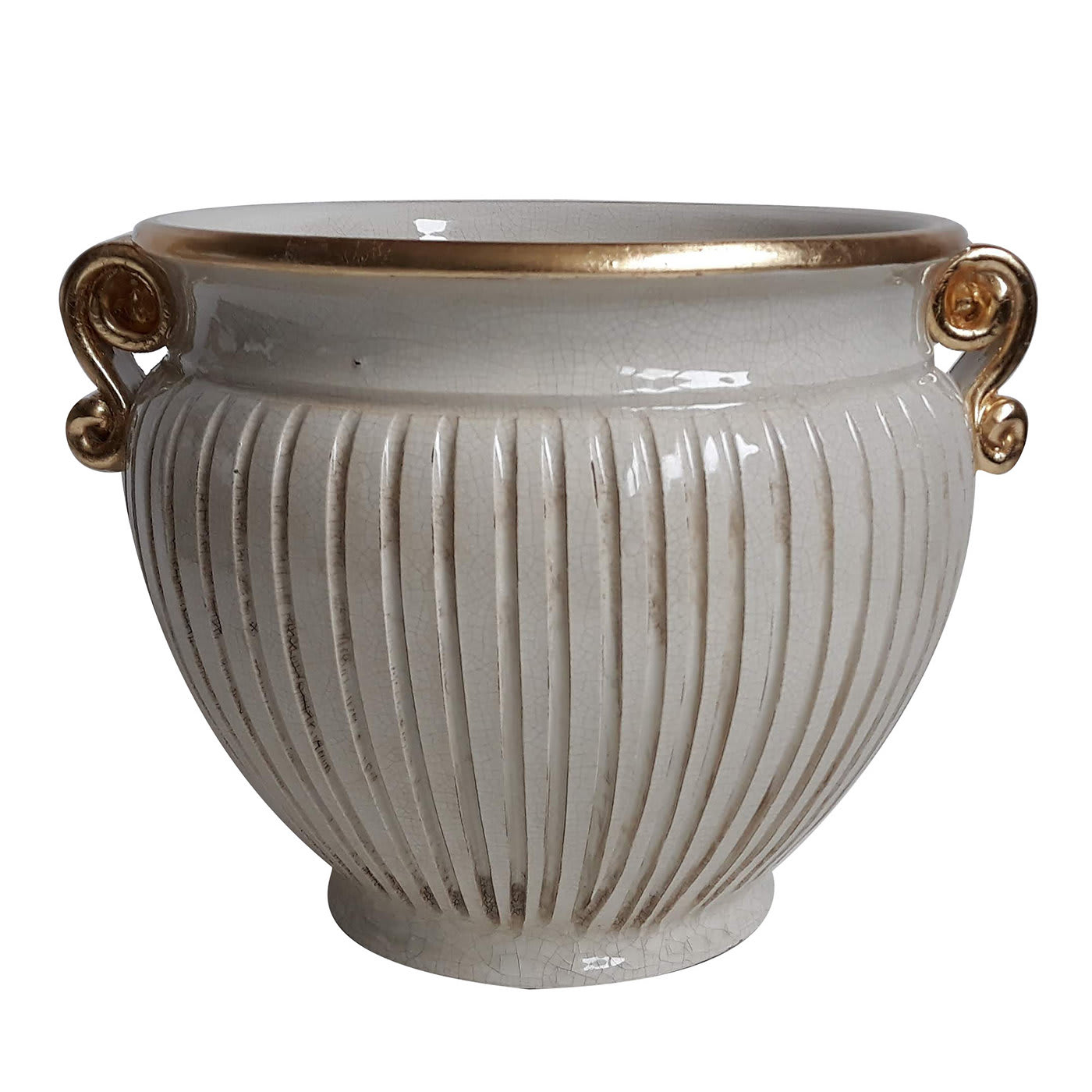 White Crackle and Gold Cachepot  - Ceramiche Ima