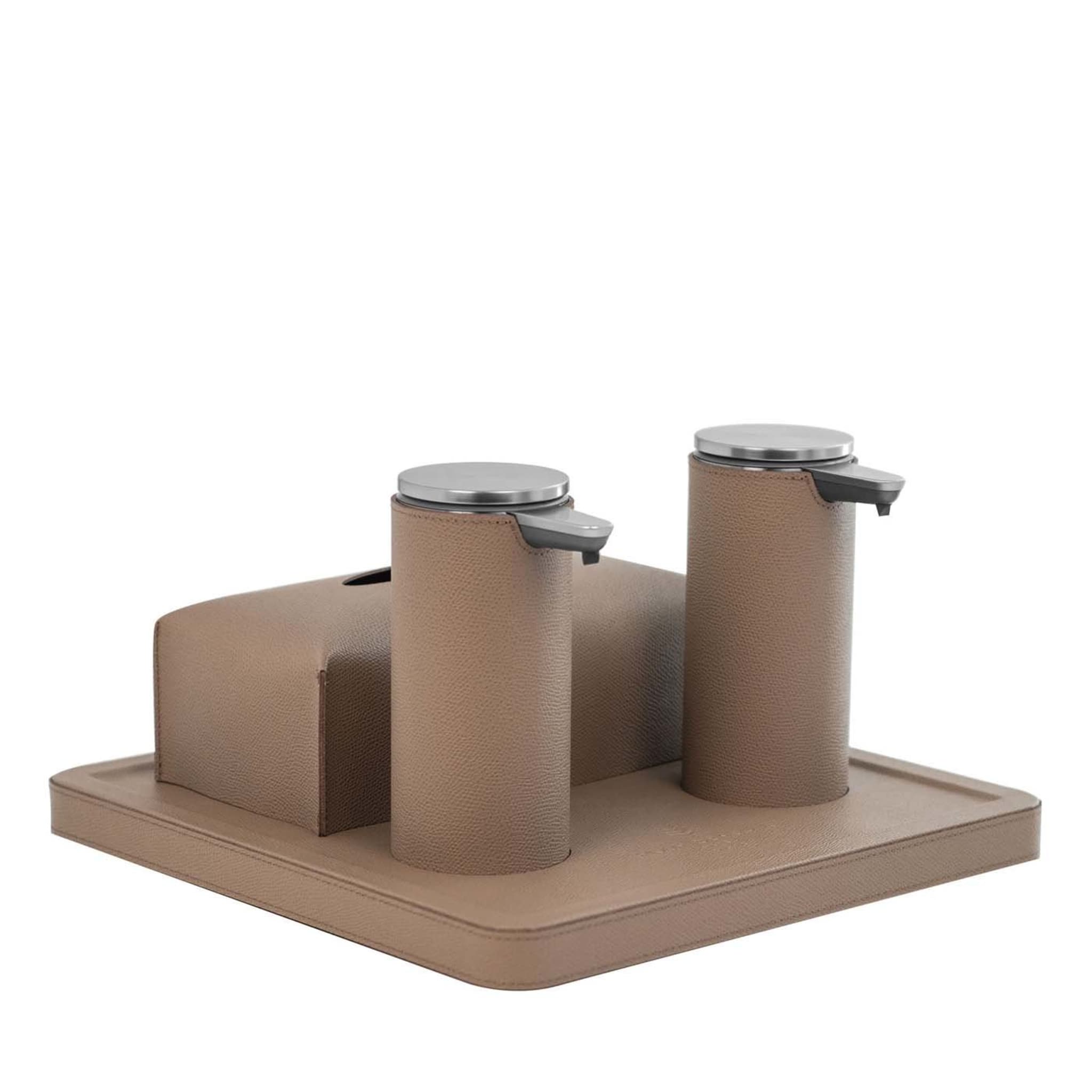 Igea Taupe Leather Tray with 2 Dispensers and Tissue Box Cover - Main view