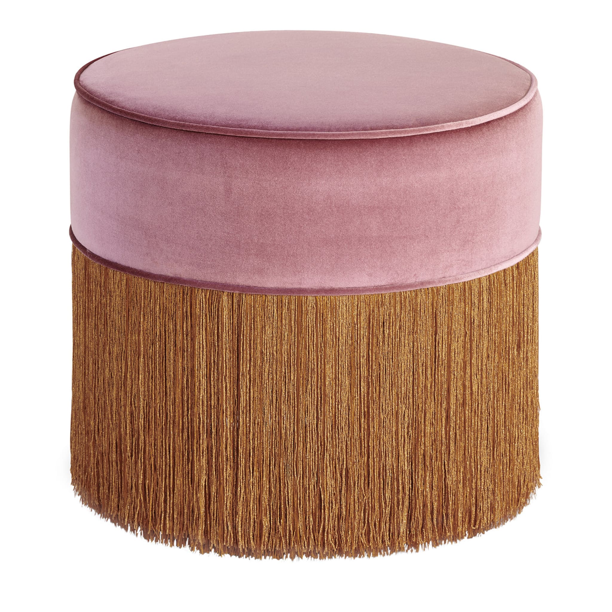 Pink Cylinder Beechwood Pouf with Copper Fringe - Main view