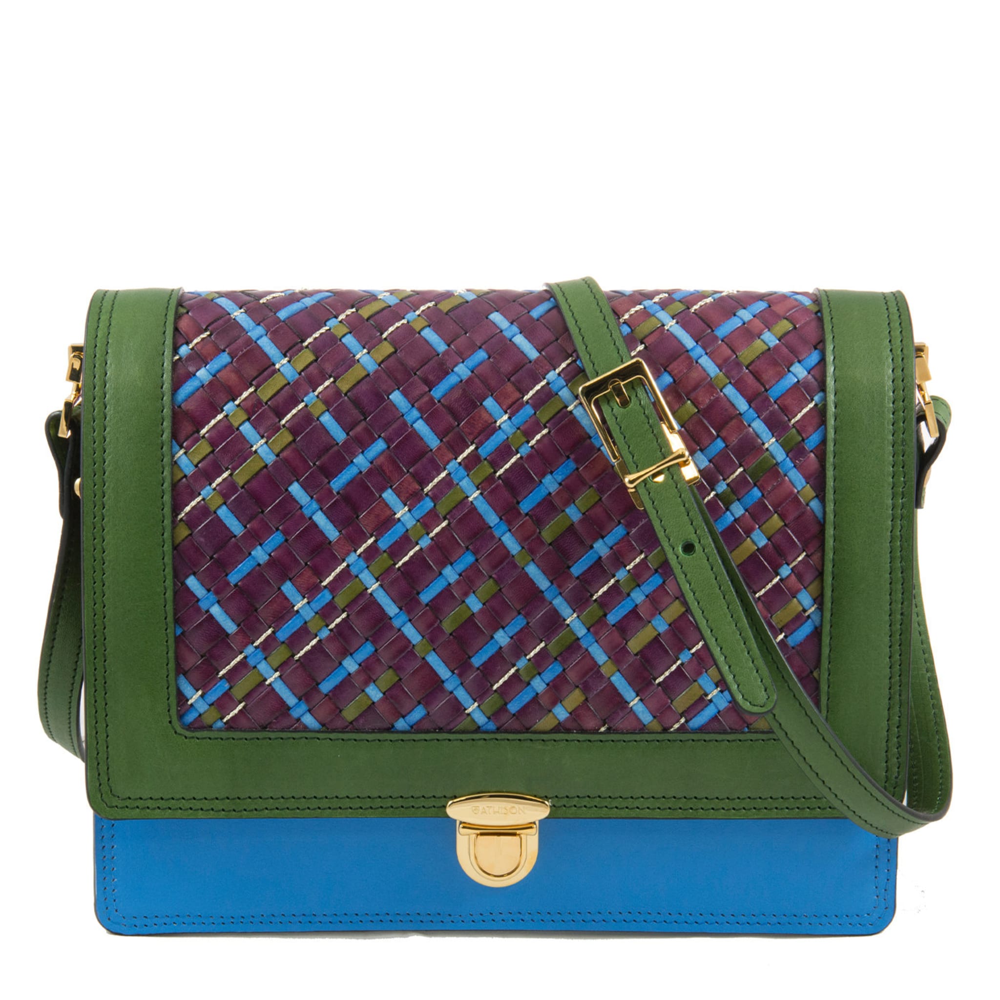 Braided Leather and Copper Crossbody Bag “Quadro” - Green and Light Blue - Main view