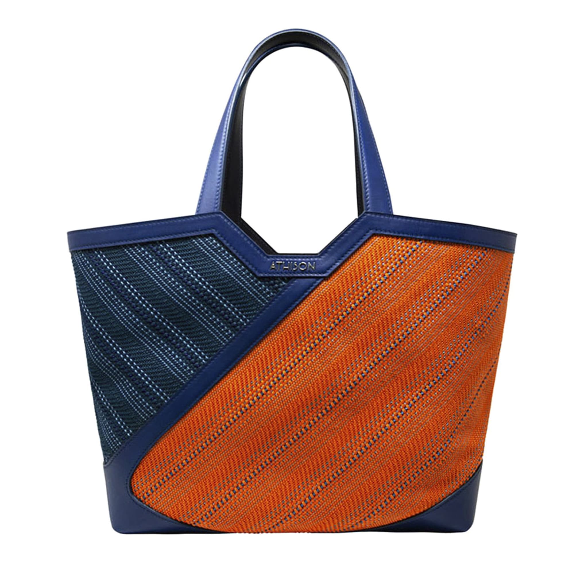 Leather and Braided Cotton Shopping Bag “Andolla” - Orange and Blue - Main view