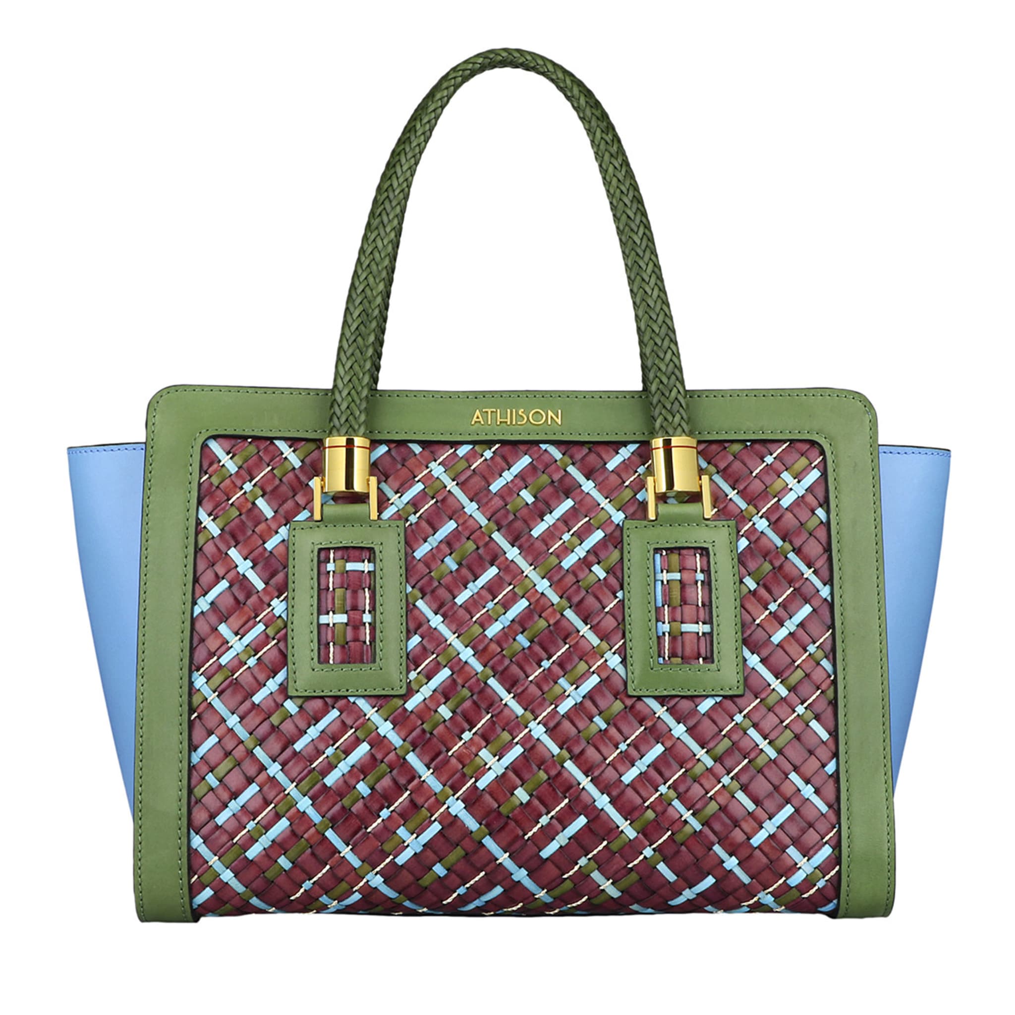 Braided Leather and Copper Handbag “Cistella” - Green and Light Grey - Main view