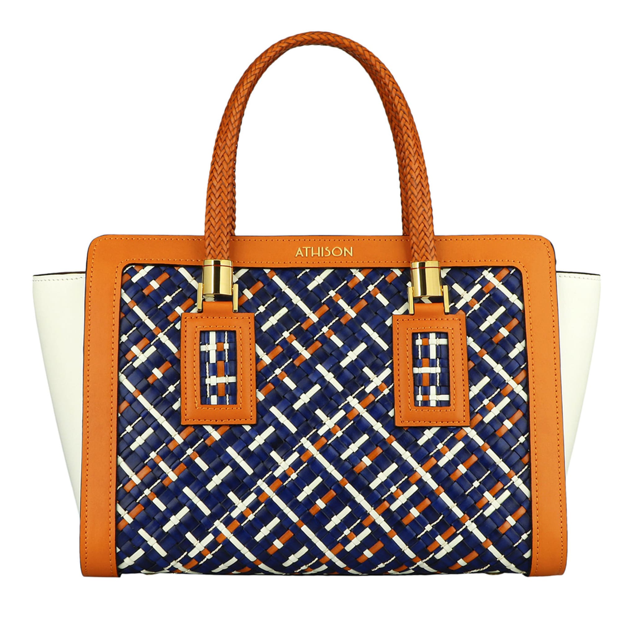Braided Leather and Copper Handbag “Cistella” - Orange and White - Main view
