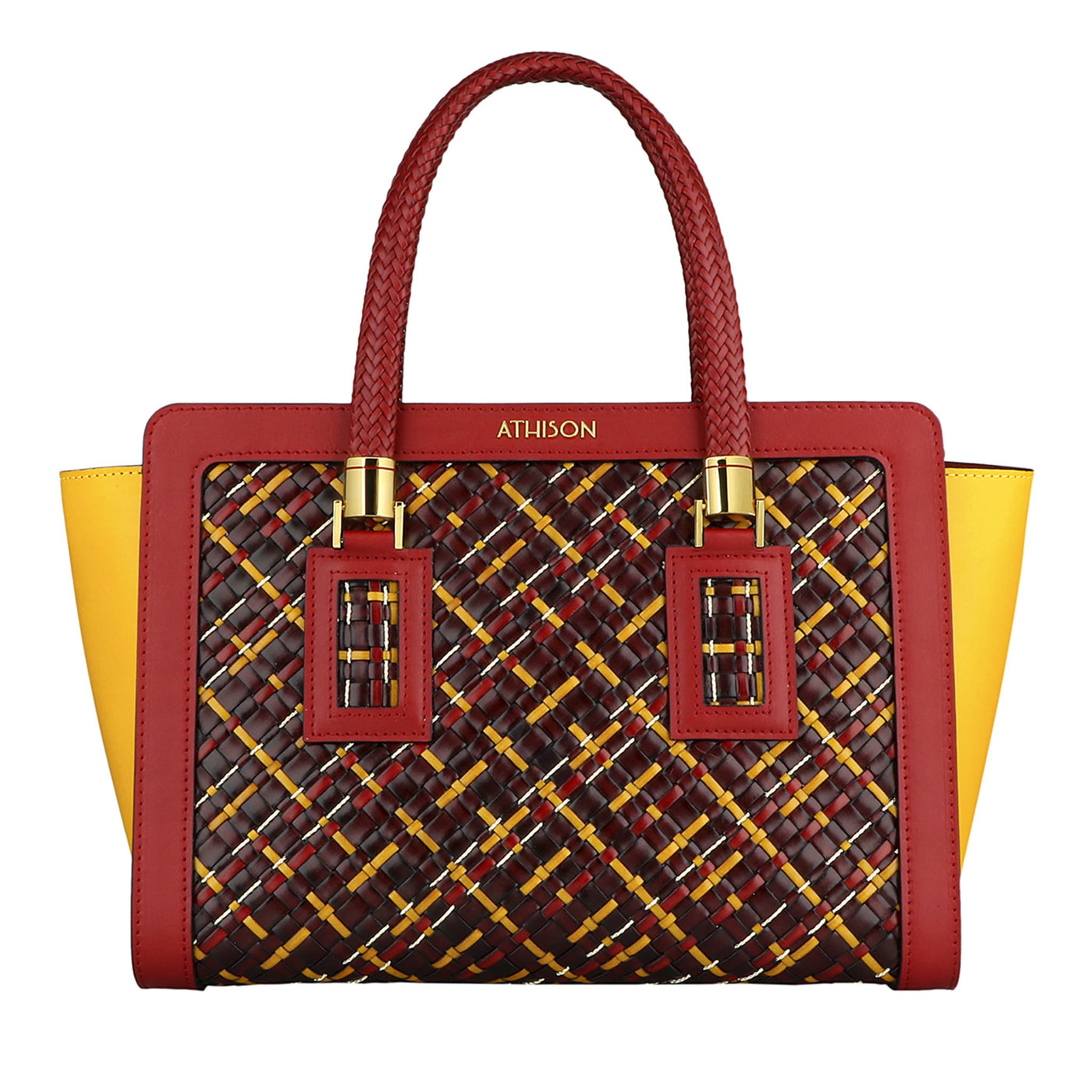 Braided Leather and Copper Handbag “Cistella” - Red and Yellow - Main view