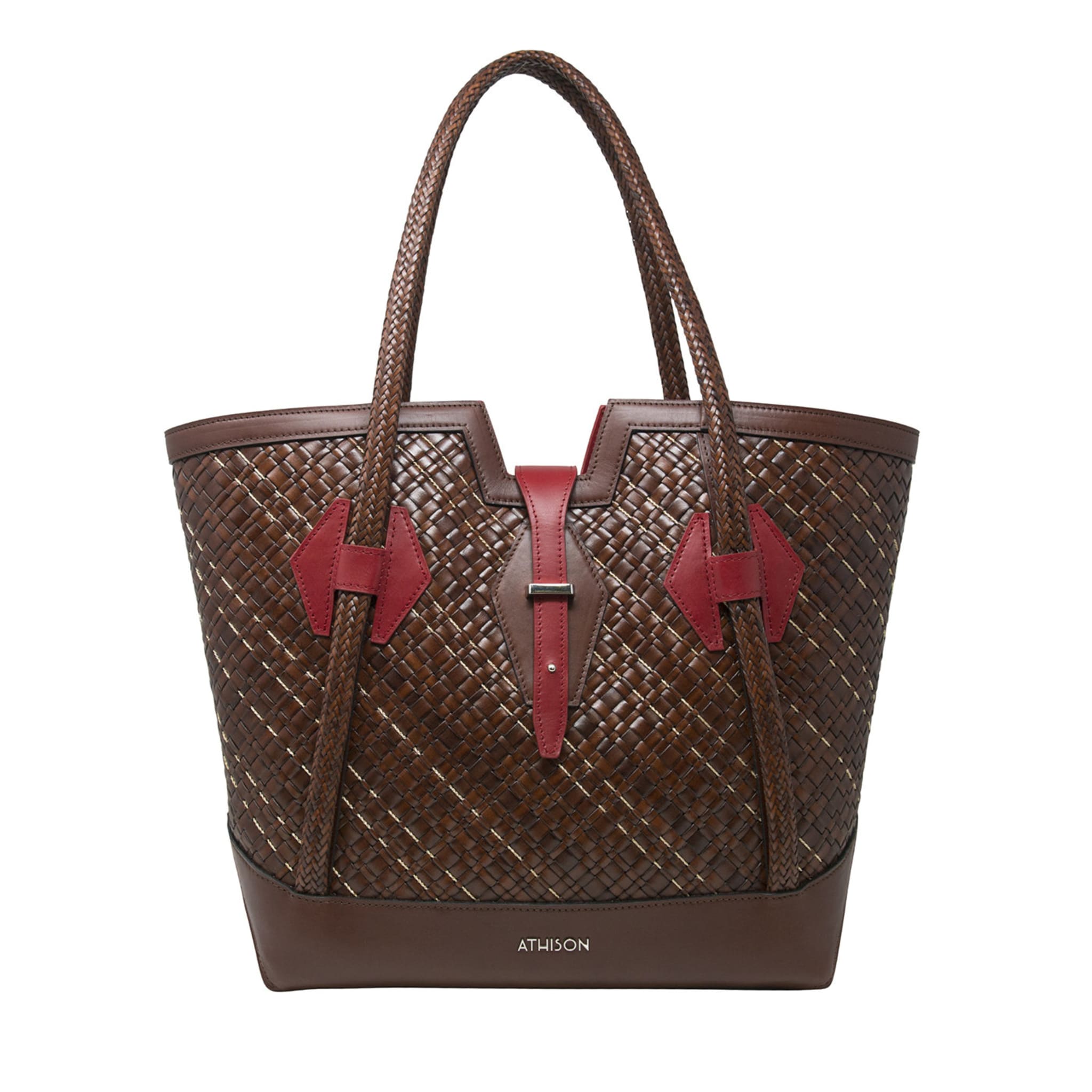Braided Leather and Copper Shopping Bag “Devero” - Brown and Red - Main view