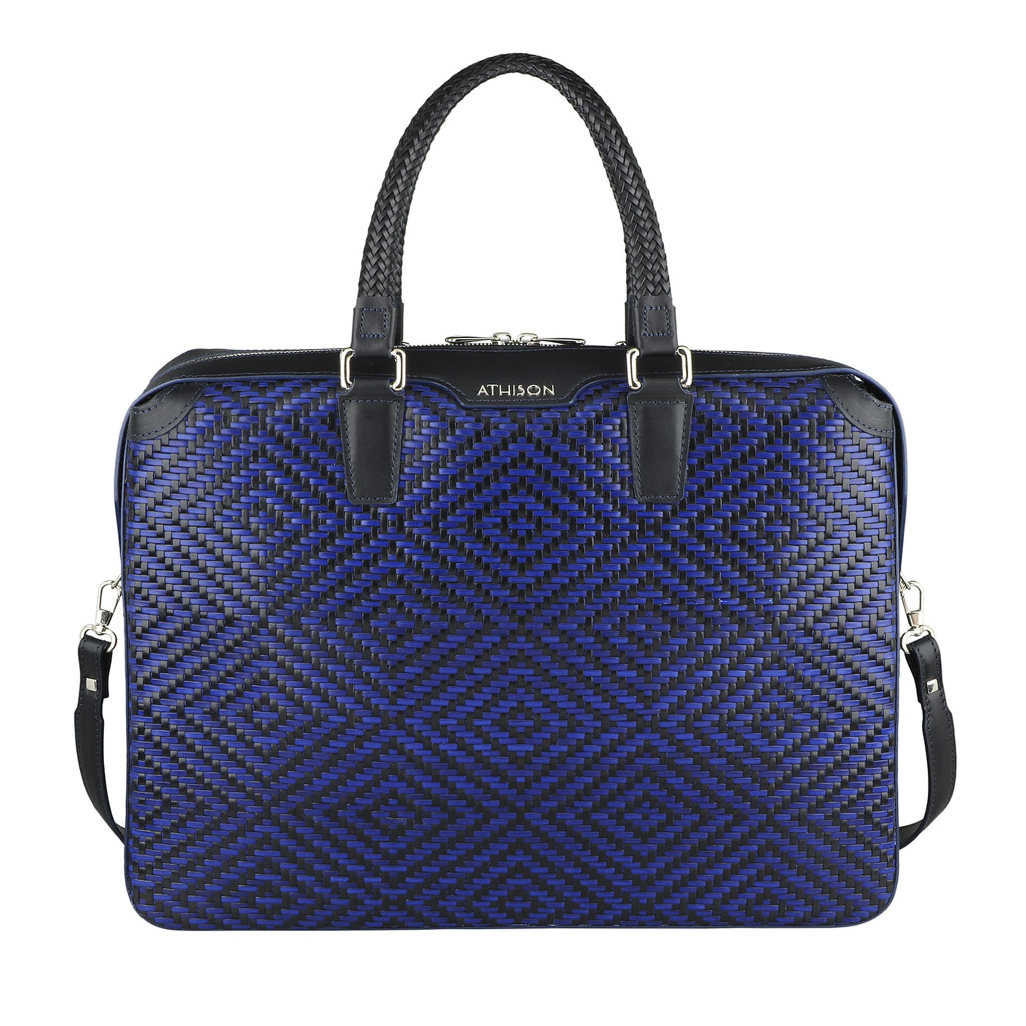Braided Leather Business Bag “Premia” - Black and Blue - Main view