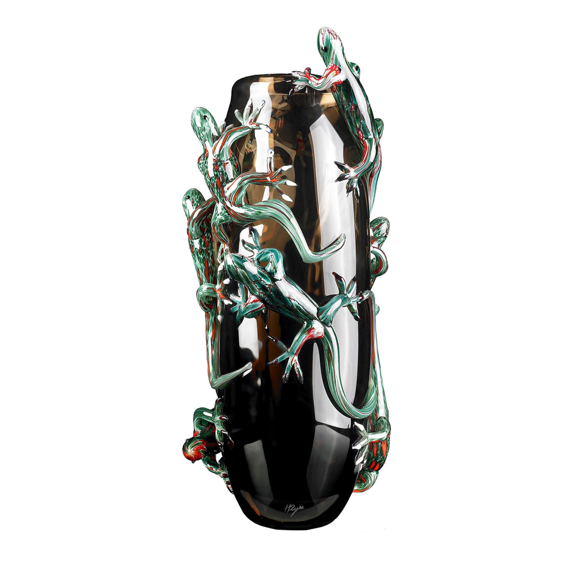 Large Bronze Vase with 8 Green Geckos - Main view