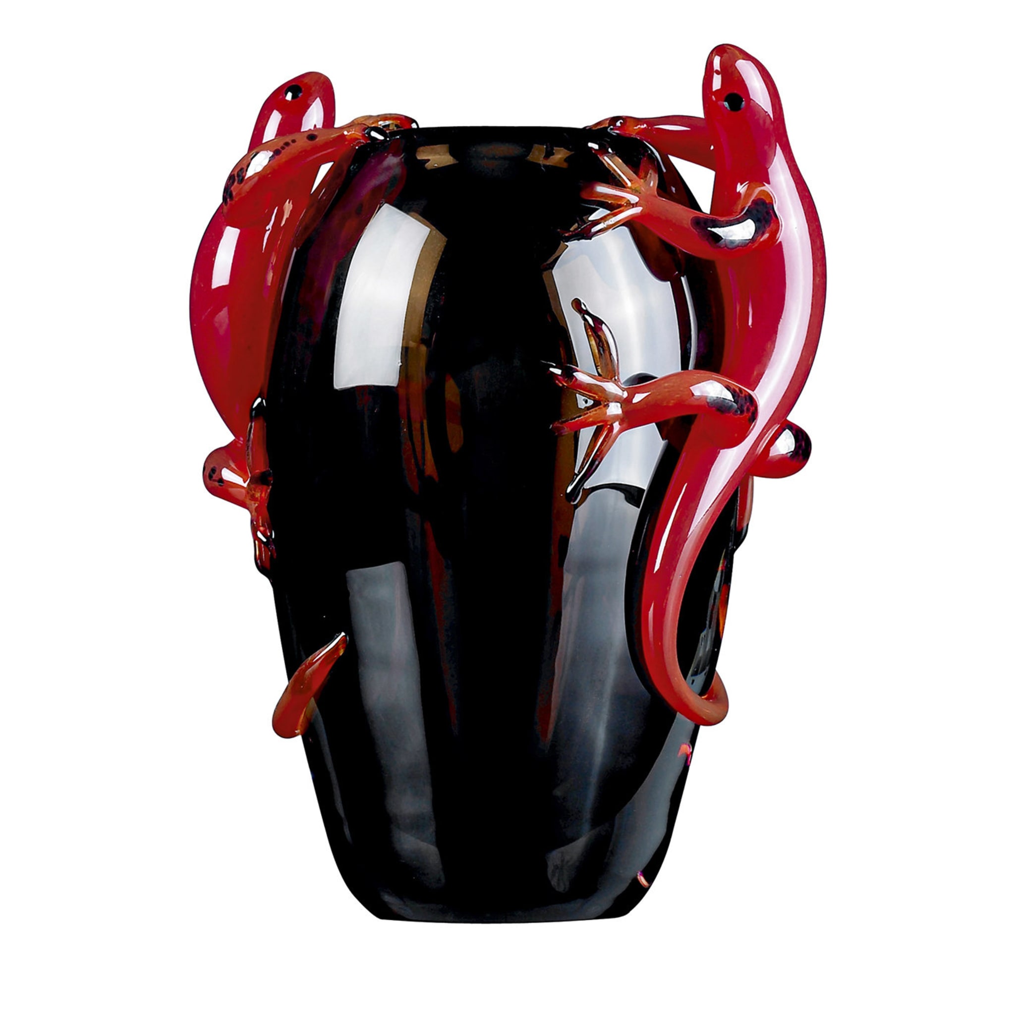 Kleine schwarze Vase mit 2 roten Geckos - Hauptansicht