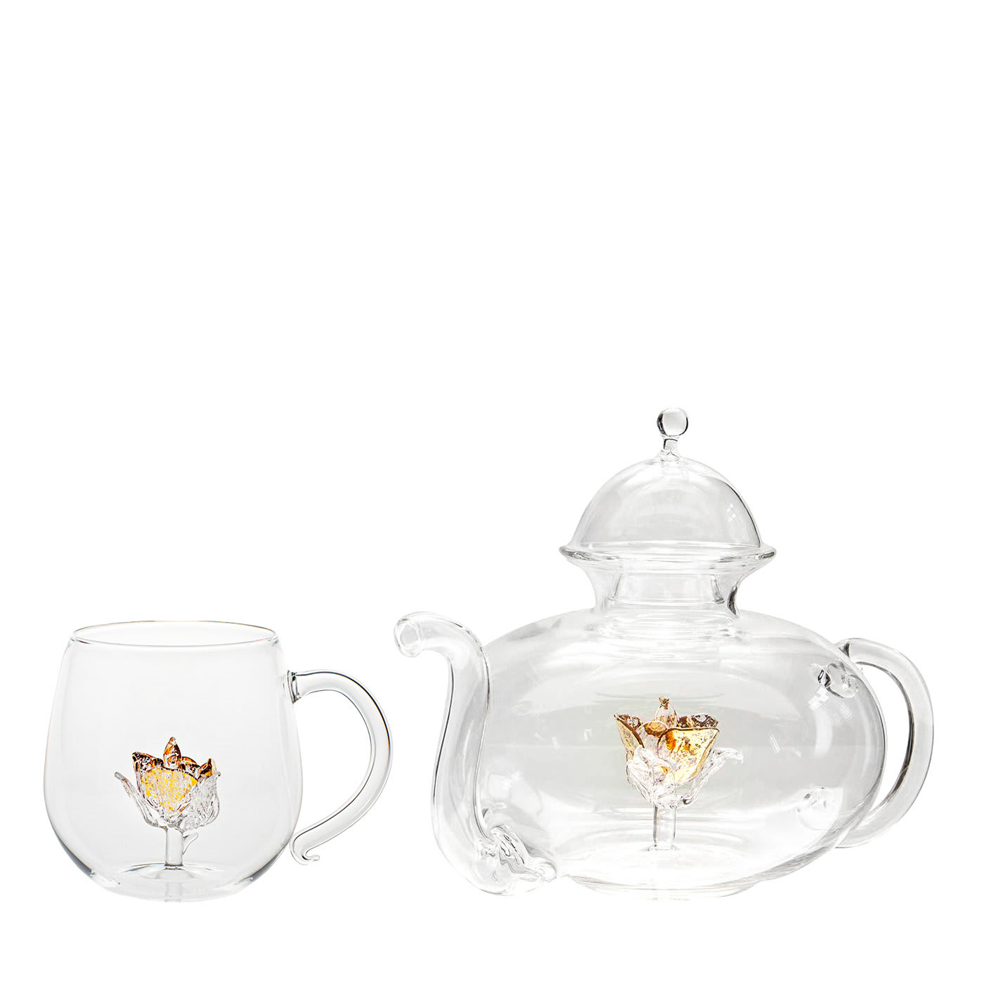 Little Rose Set of 2 Gold Tea Cups and Tea Pot - Casarialto
