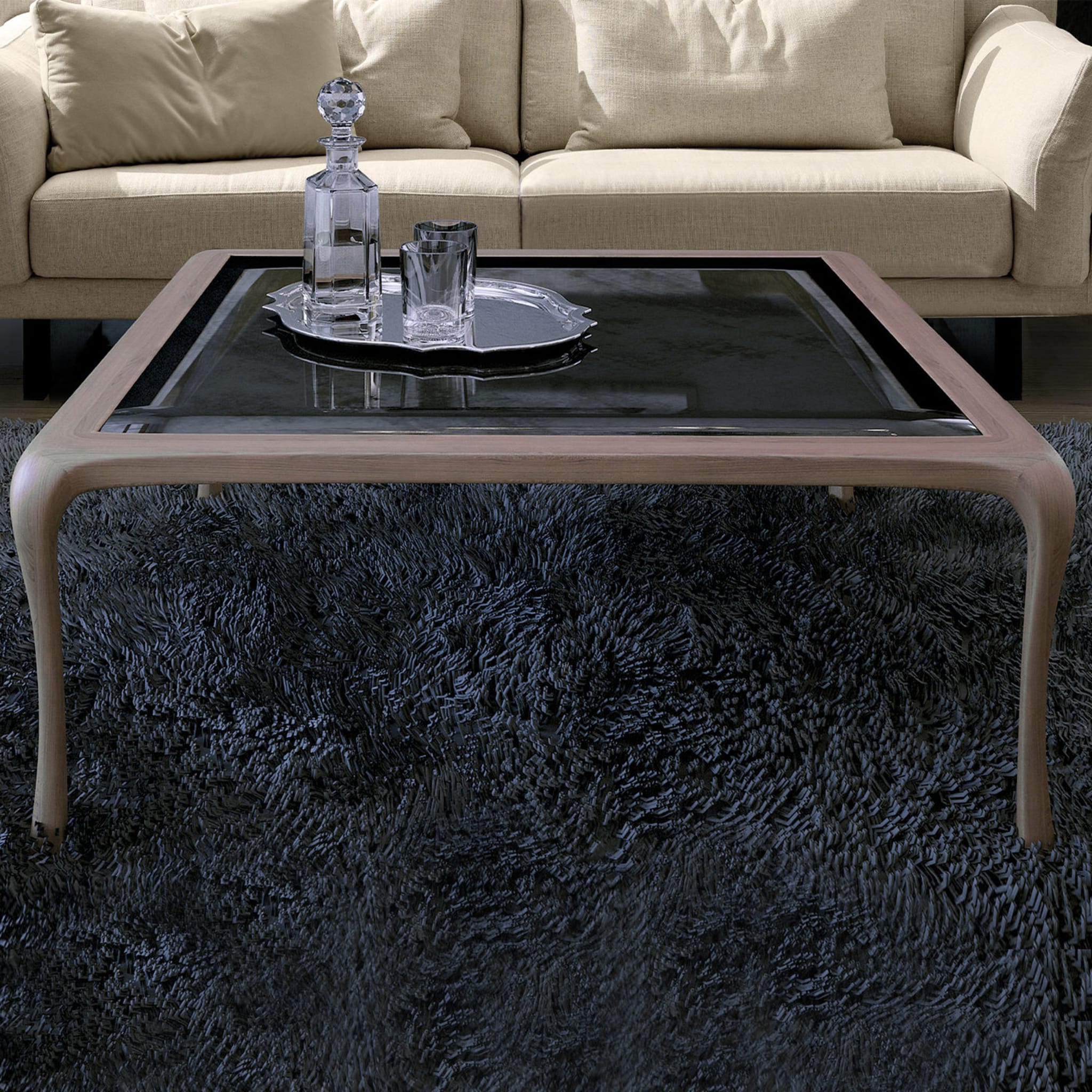 Light-Walnut Square Coffee Table with Glass Top - Alternative view 1