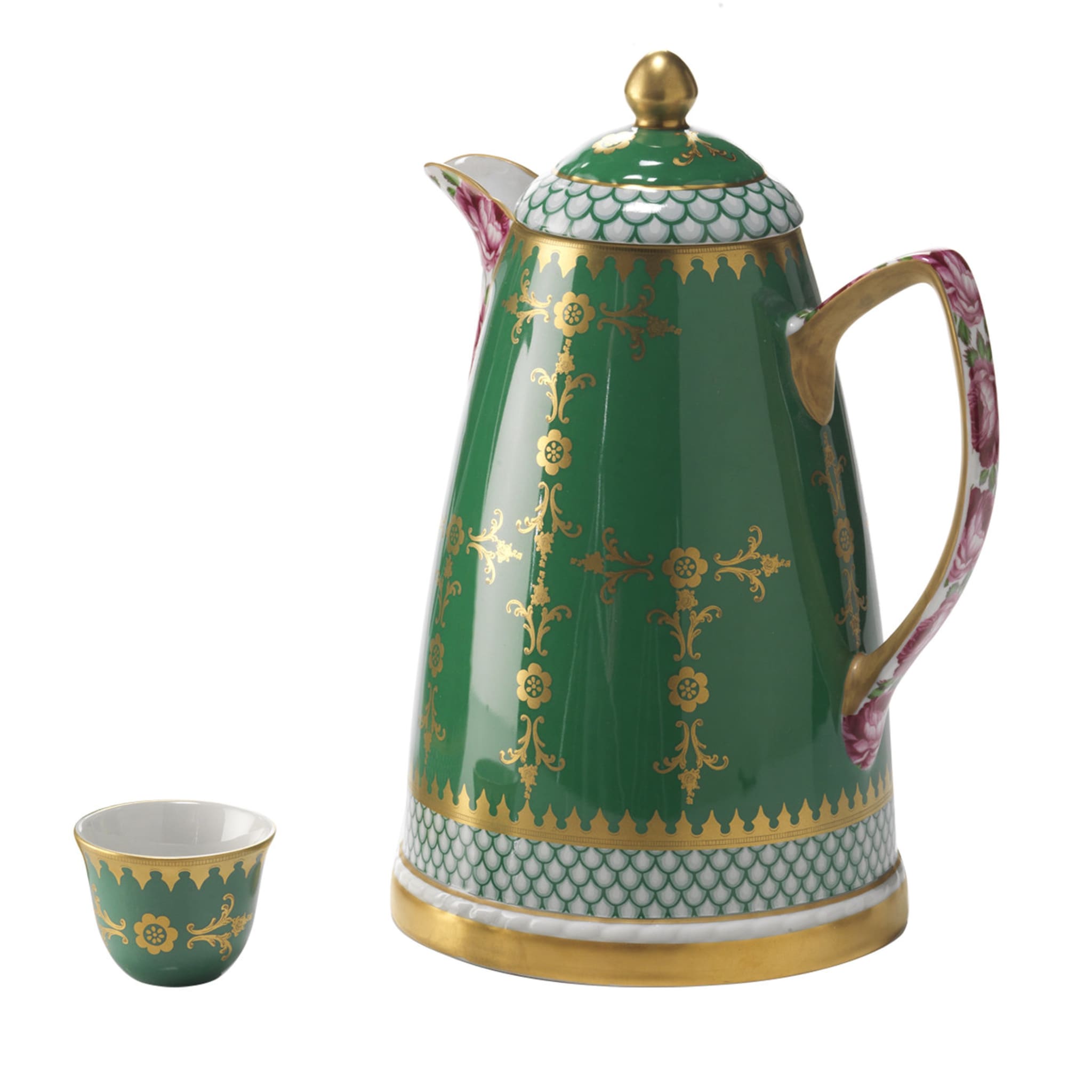 Set of Green and Pink Small Dallah Thermos and 6 Finjan Cups - Main view
