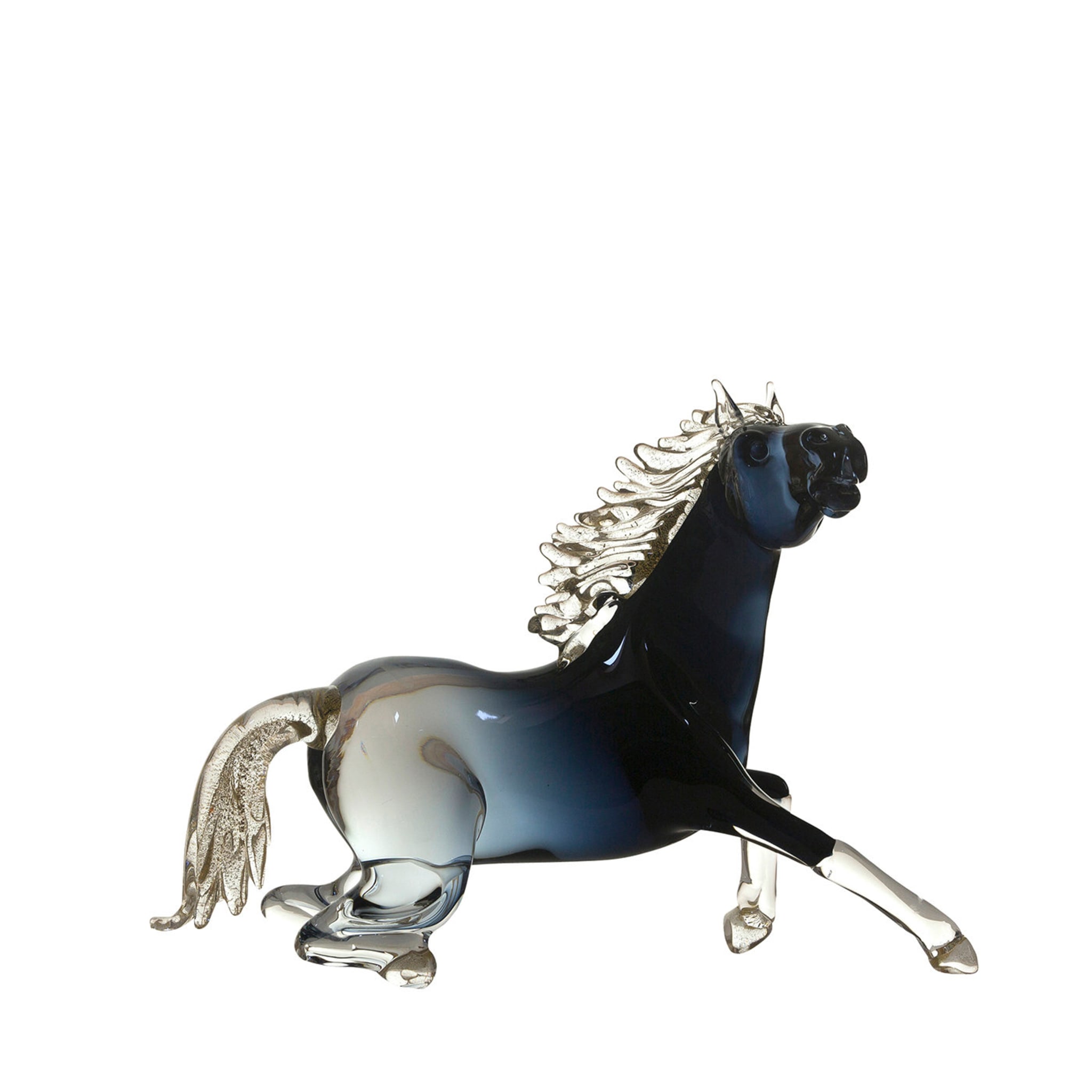 Kleines sitzendes Pferd aus schwarzem Glas - Hauptansicht
