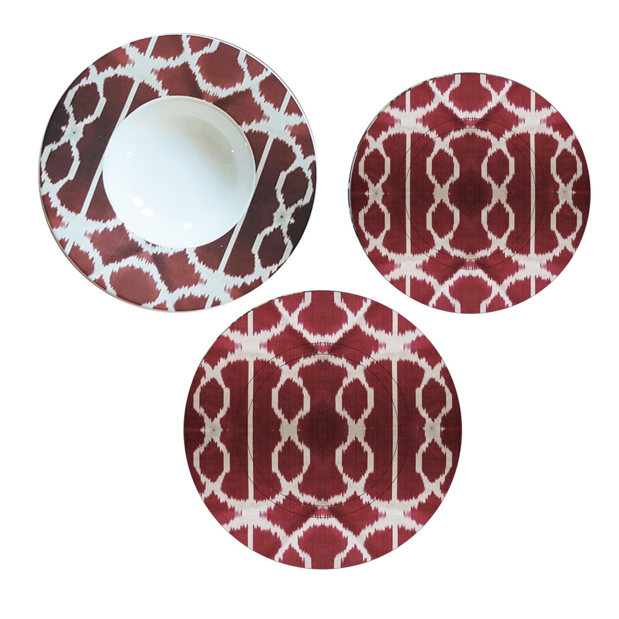 Set of Three Ikat Ceramic Plates in Red and White for 1 - Main view