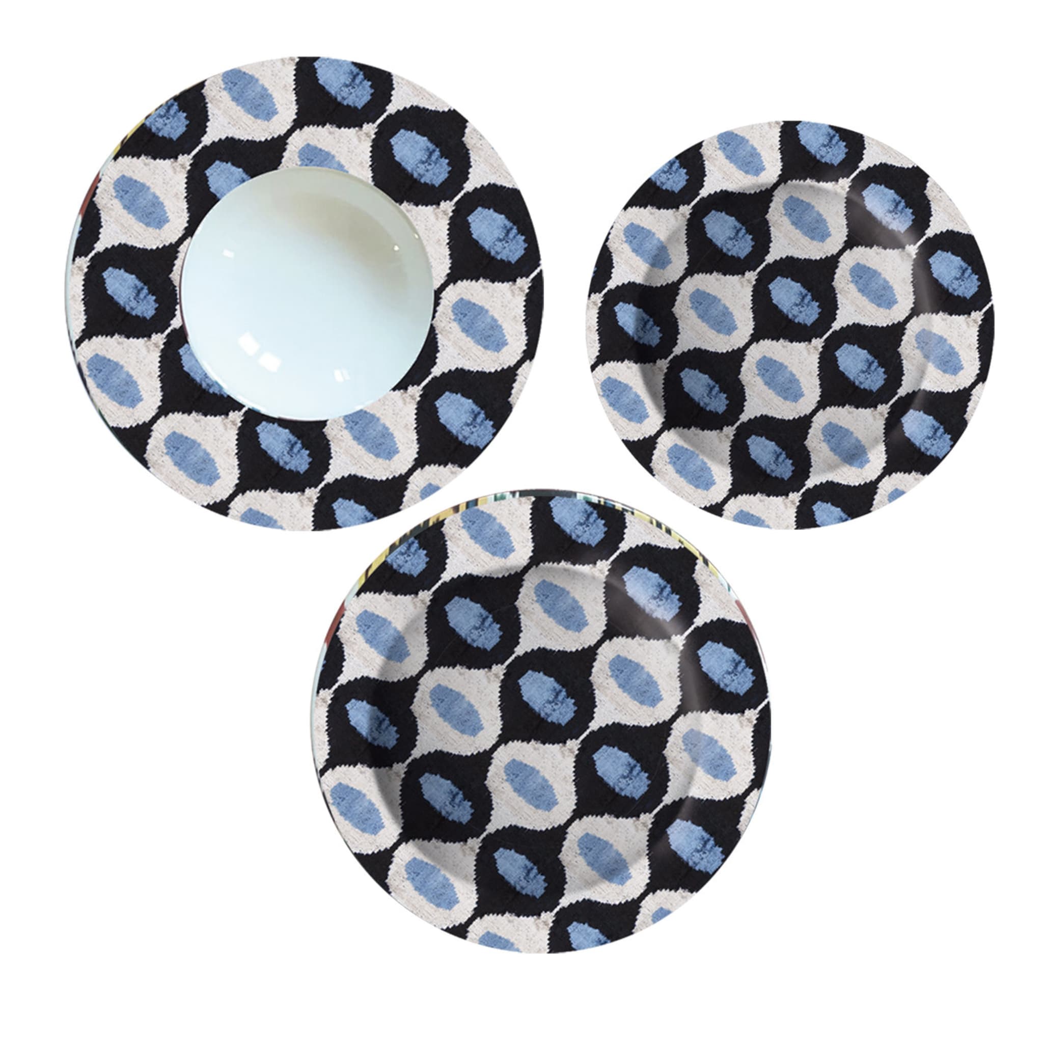 Set of Three Exotic Ikat Ceramic Plates in Blue Black and White for 1 - Main view
