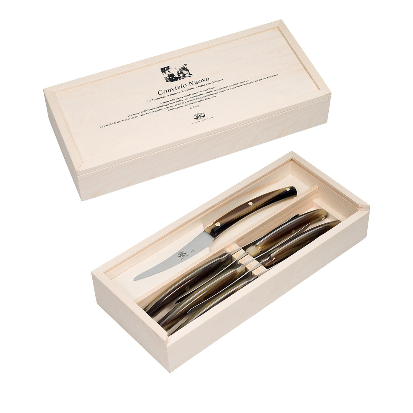 Set of Six Convivio Nuovo Knives with Cornotech Handle in Wood Box - Coltellerie Berti