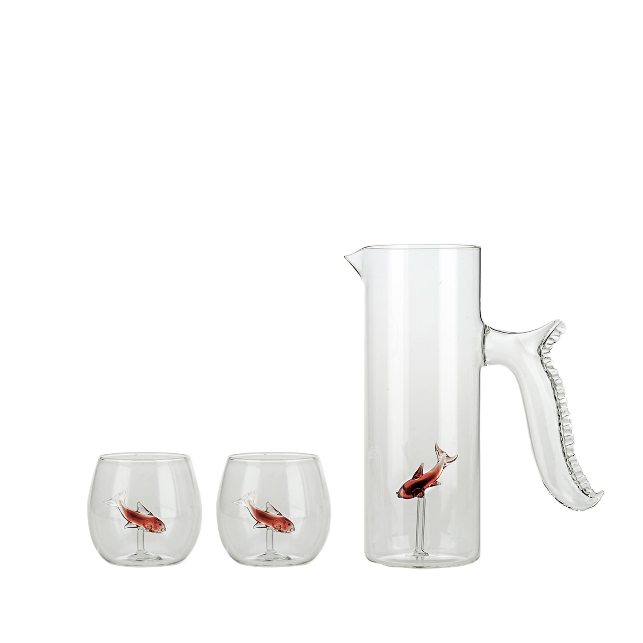 Set of Little Red Fish Pitcher and Four Rounded Little Fish Glasses - Main view