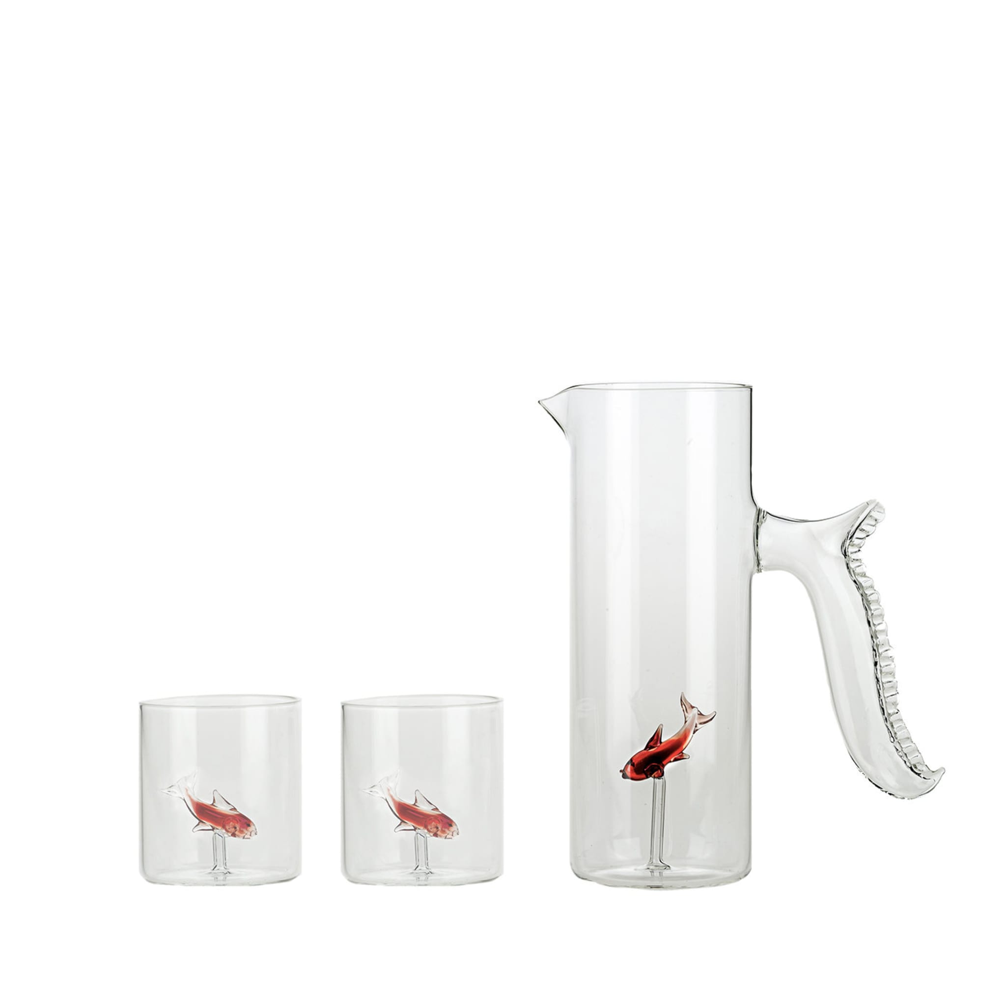 Set aus Kännchen mit rotem Fisch und vier Gläsern mit rotem Fisch - Hauptansicht
