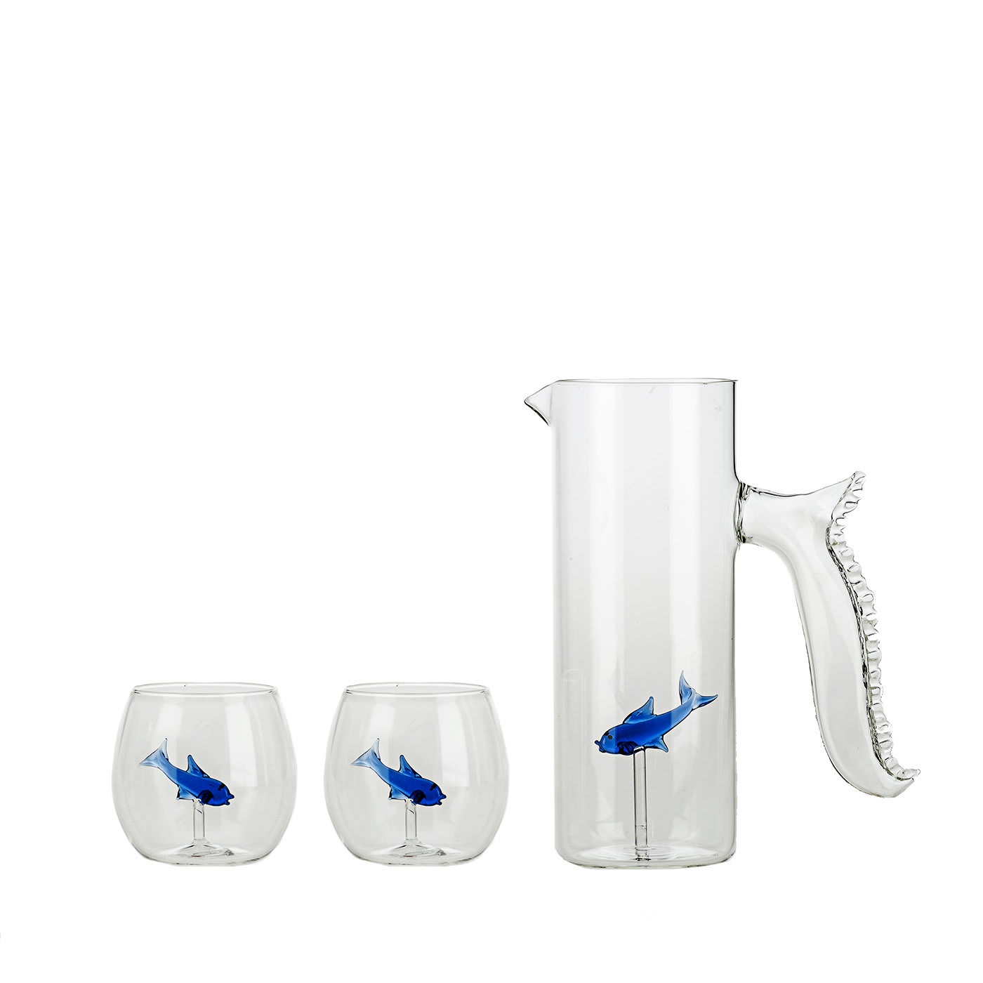 Set of Little Blue Fish Pitcher and Four Rounded Little Blue Fish Glasses - Casarialto
