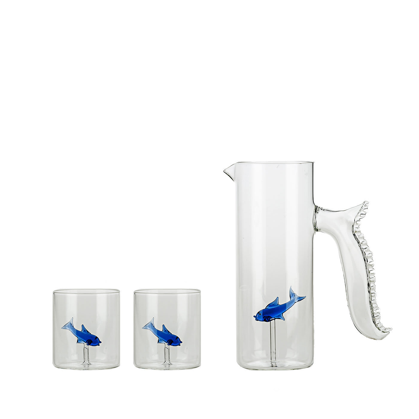 Set of Little Blue Fish Pitcher and Four Little Blue Fish Glasses - Casarialto