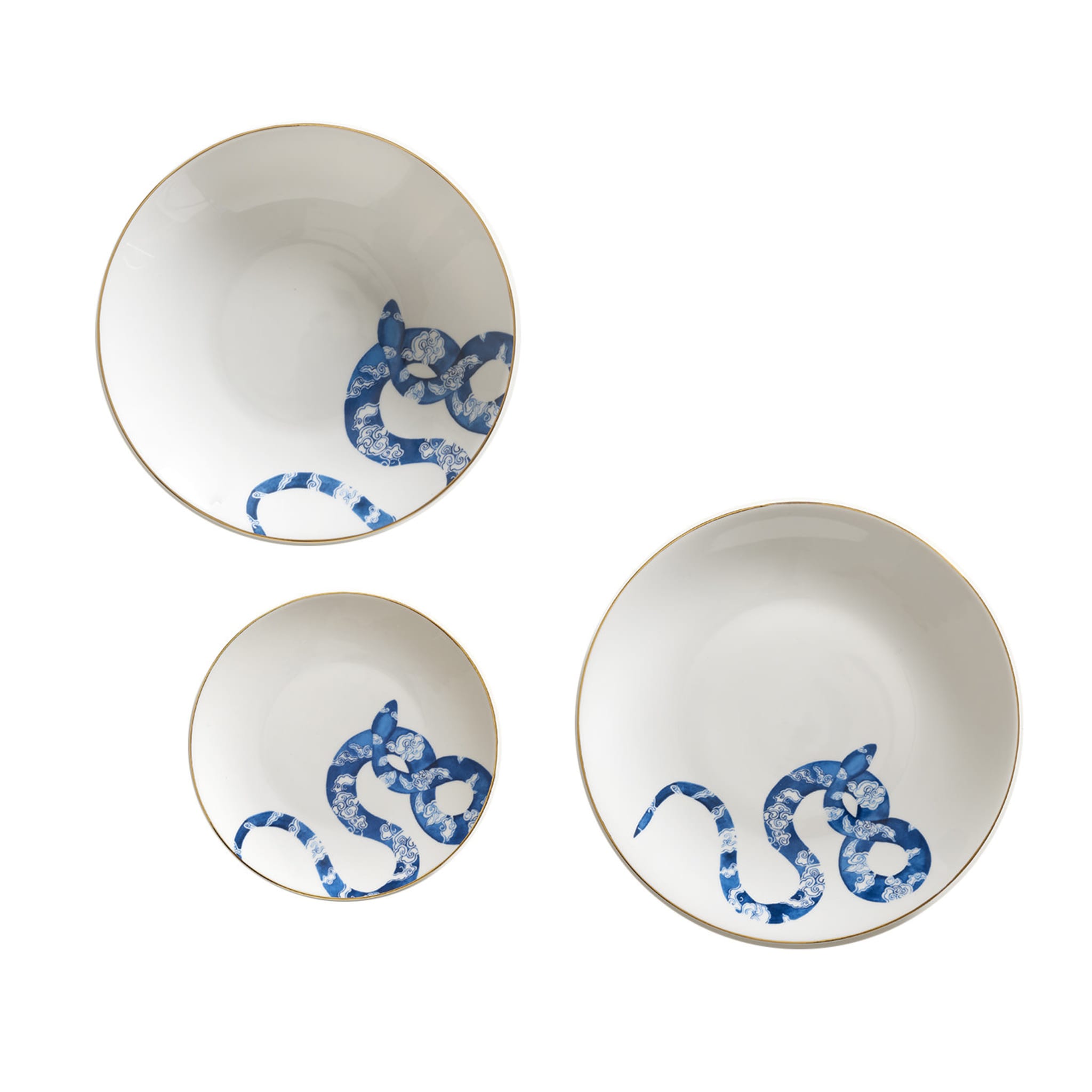 Set di tre piatti in porcellana con serpente giapponese - Vista principale