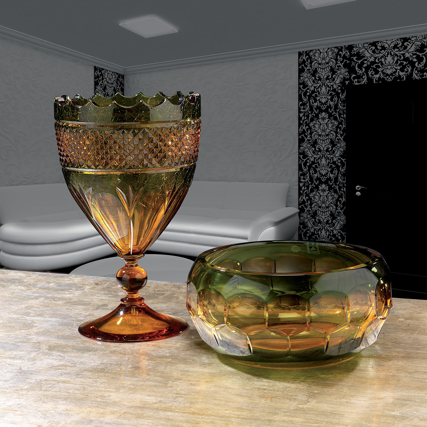 Crystal Bowl in Amber and Green - Nuova Cev