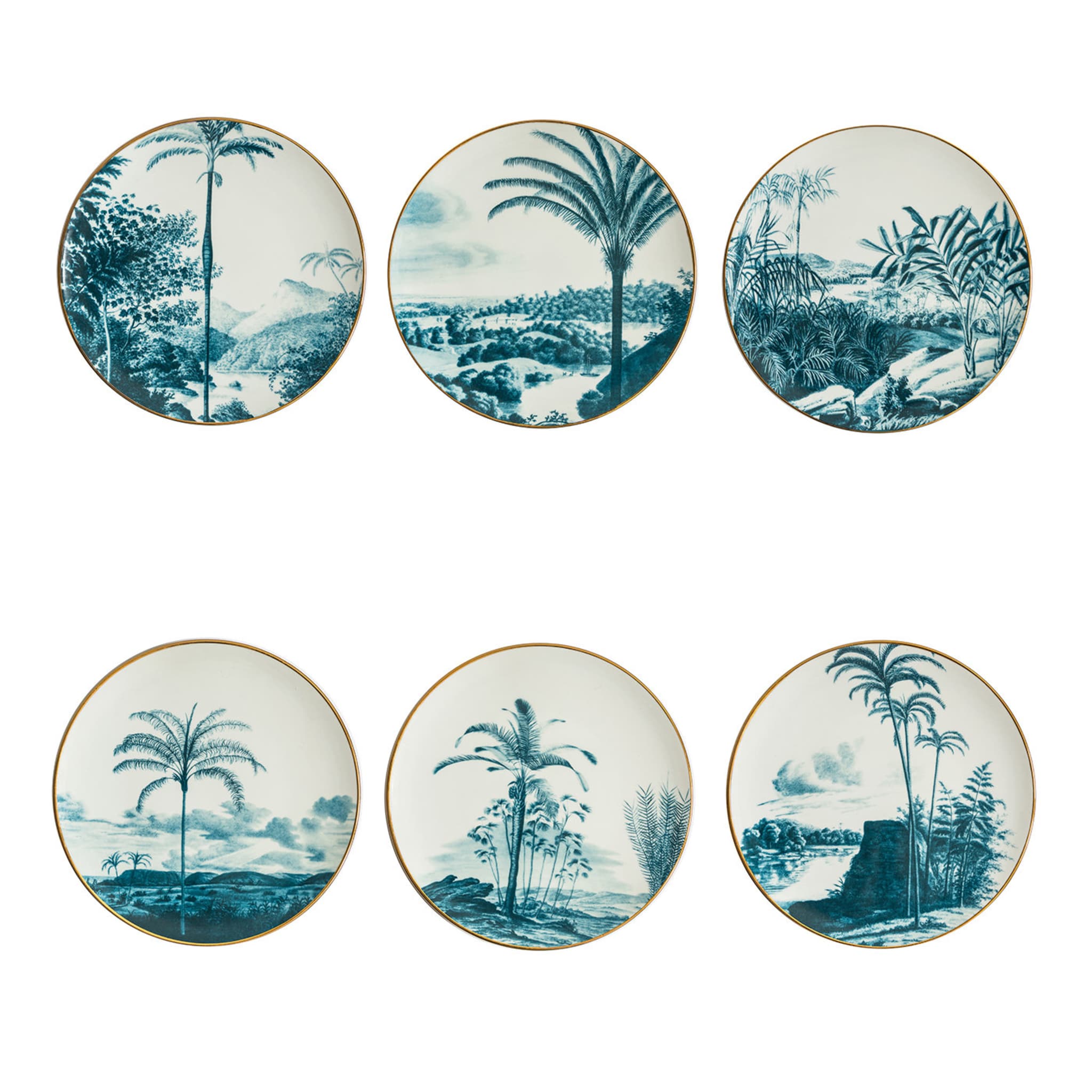 Las Palmas Set Of 6 Porcelain Dinner Plates With Blue Tropical Landscape - Main view