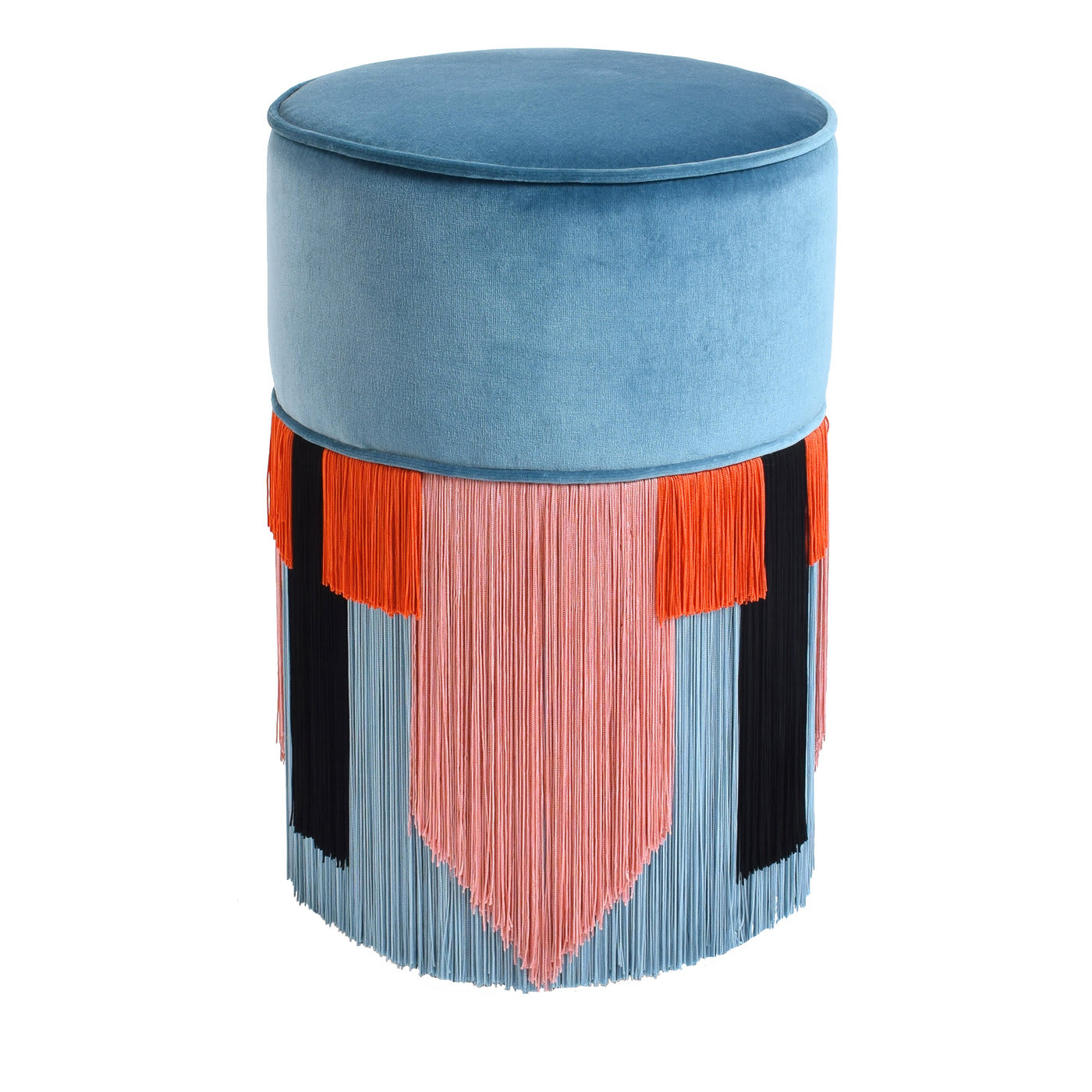 Couture Light Blue Pouf with Geometric Fringe - Lorenza Bozzoli Design