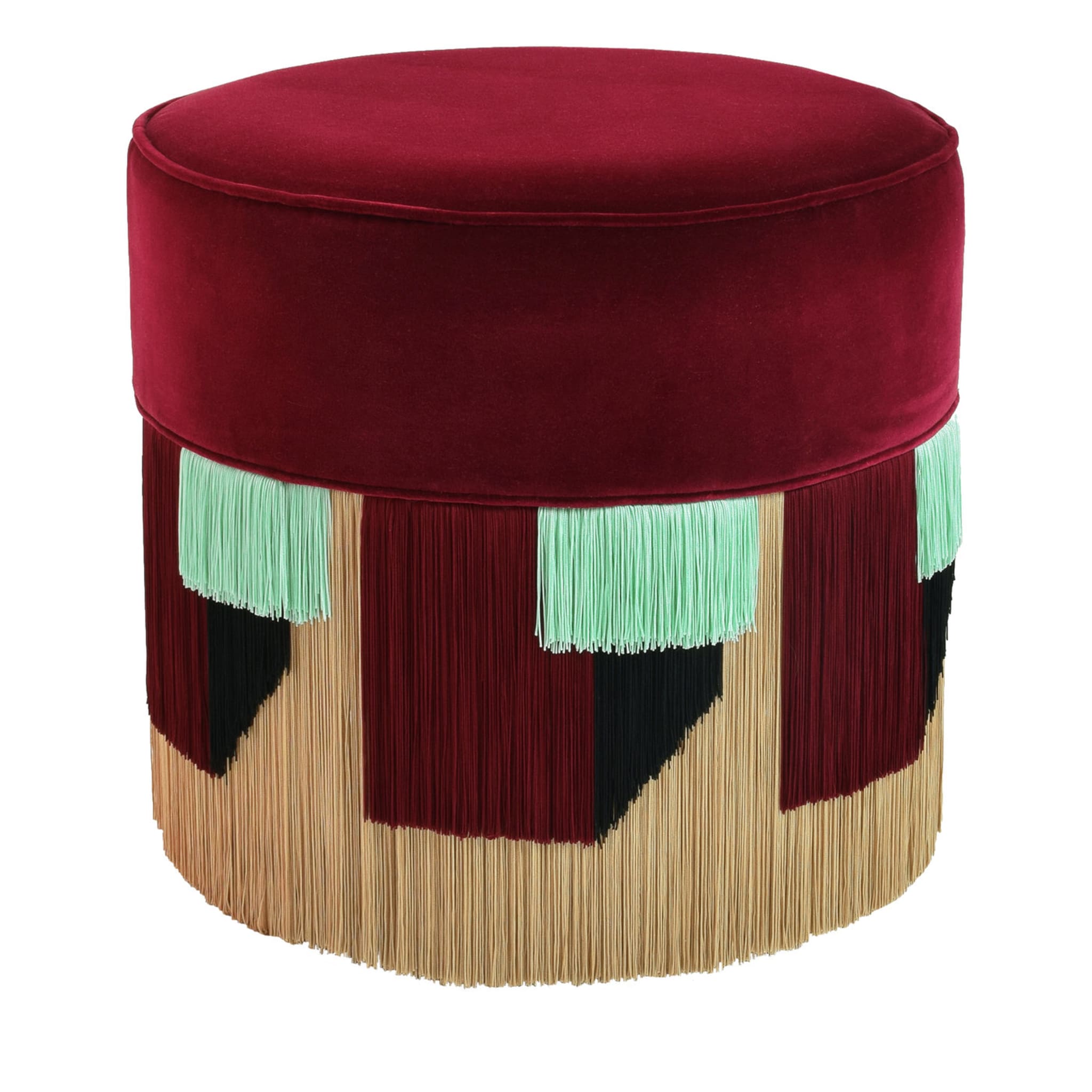 Red Cylinder Beechwood Pouf with Geometric Fringe - Main view
