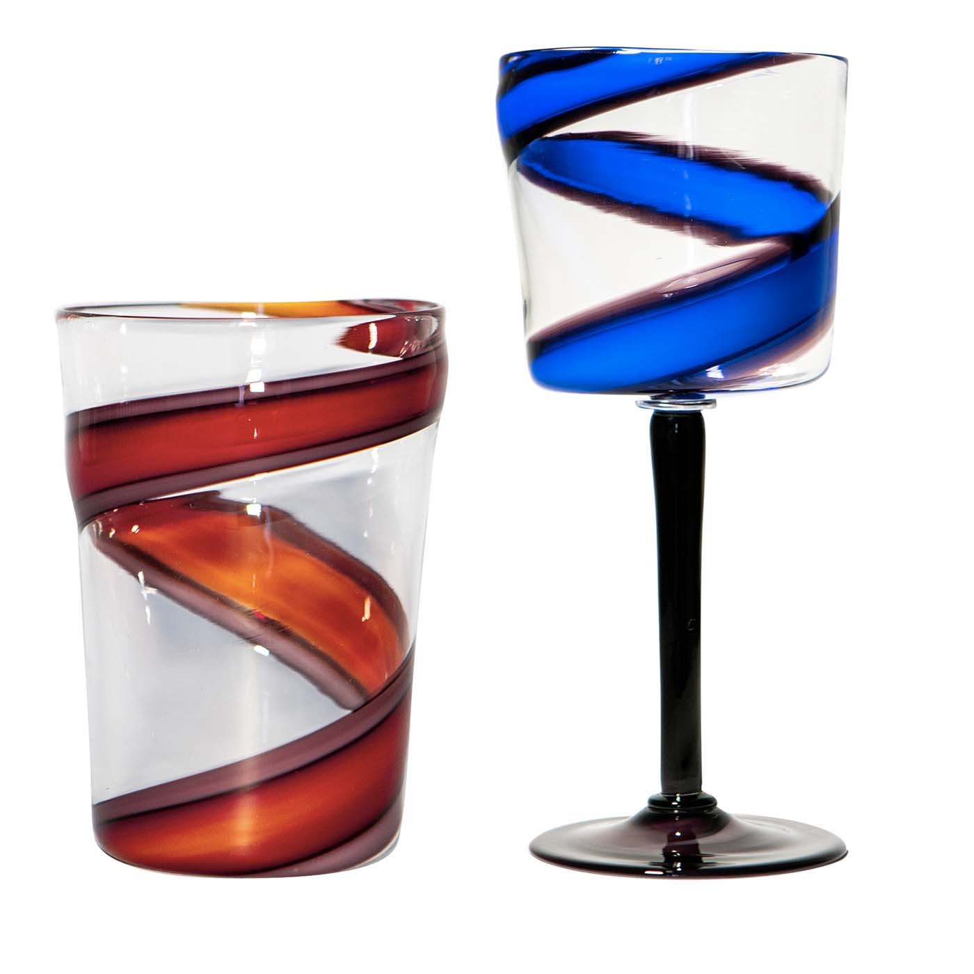 Vortex Set of Blue/Purple Stem Glass and Red/Purple Glass - Elisabetta Ciuti