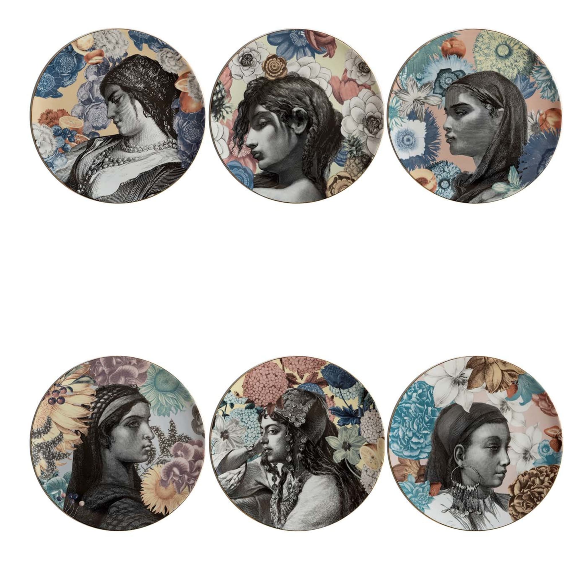 Cairo Set of 6 Porcelain Dinner Plates With Woman'S Face And Flowers - Main view