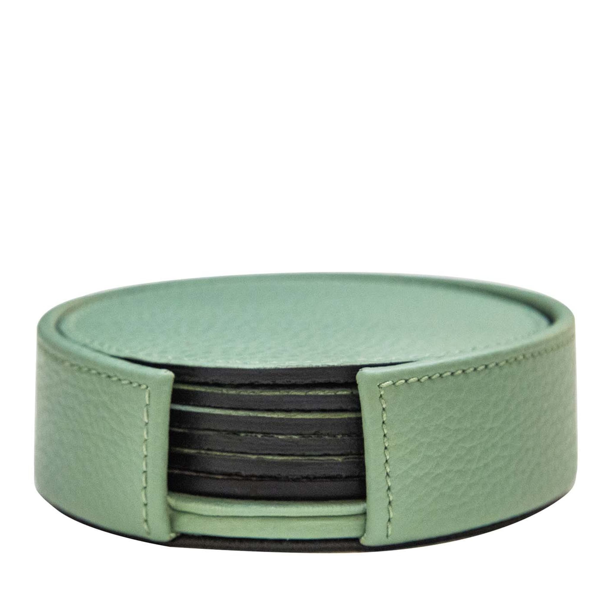 Set of 6 Leather Coasters in Sage Green - Main view