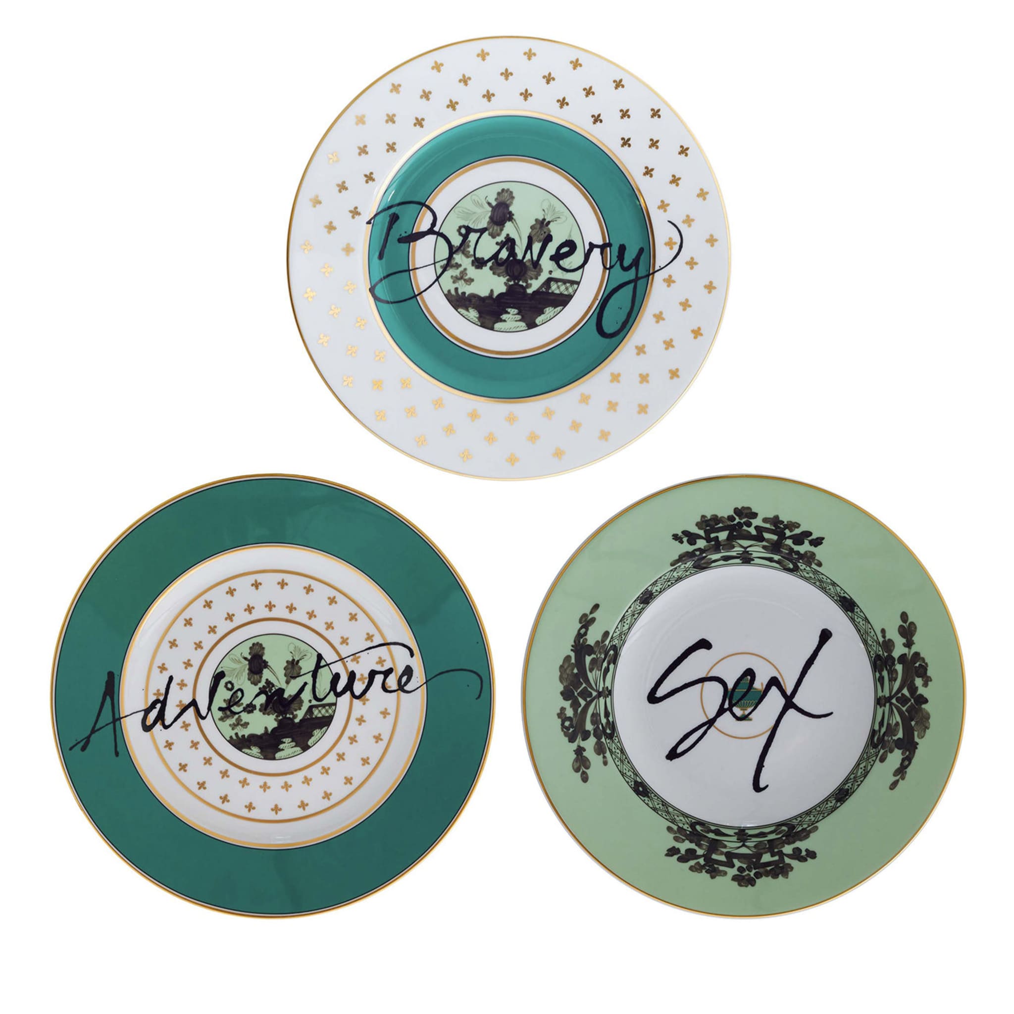 Set of 3 Plates The Road to Heaven Is Paved with Excess in Green - Main view