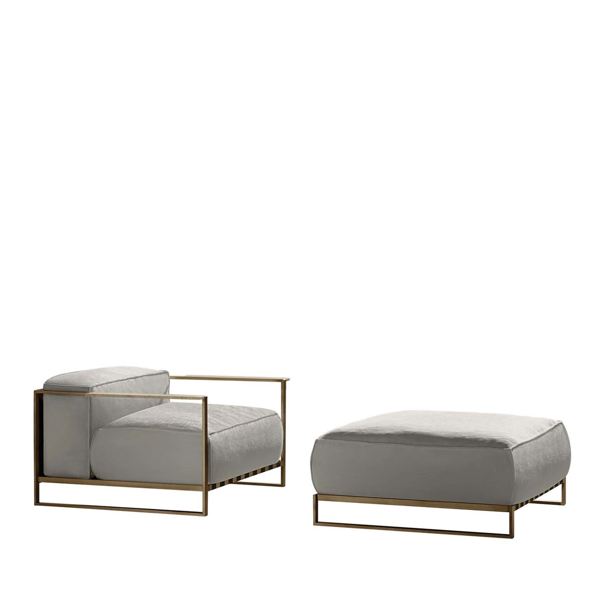 Casilda Set aus weißem Sessel und Pouf mit goldenem Rahmen - Hauptansicht