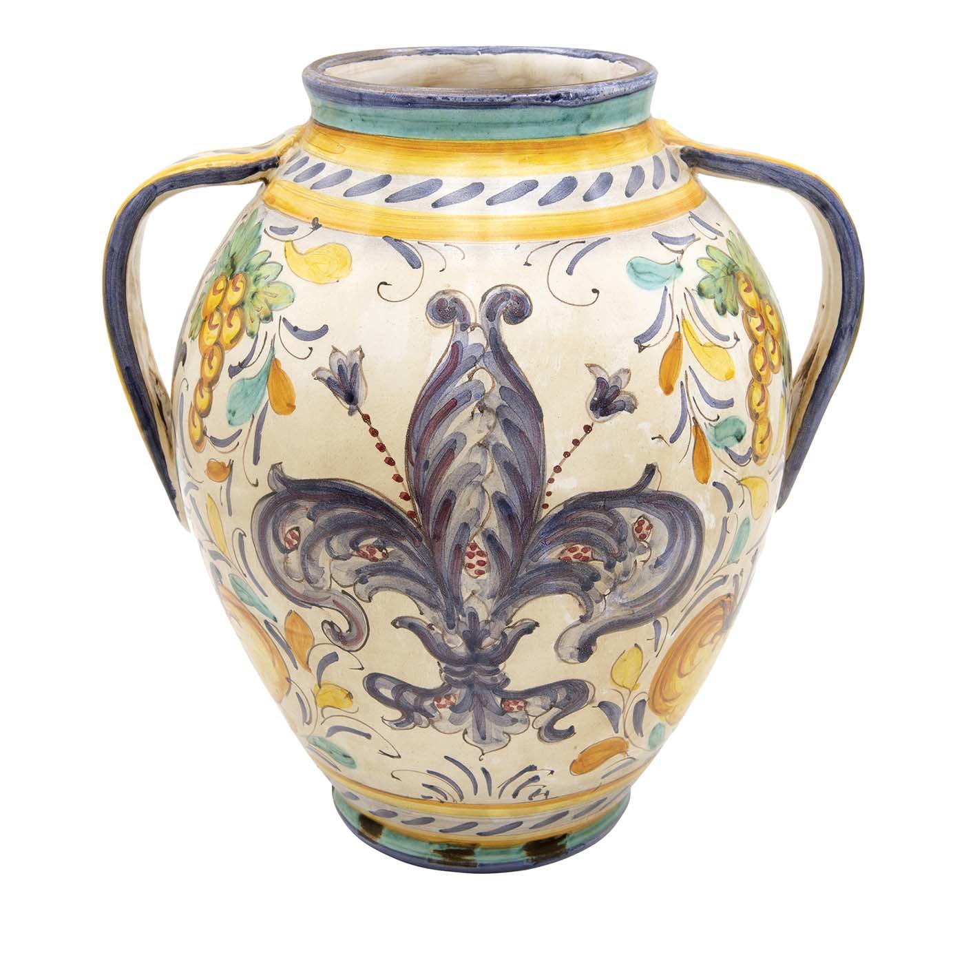 Orciolo Vase with Blue Florentine Fleur-De-Lis - Sbigoli Terrecotte Firenze
