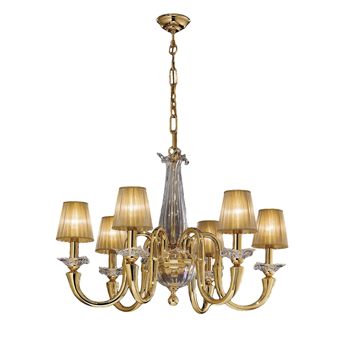 Gold and Crystal 6-Light Chandelier with Organza Shades - Possoni Illuminazione