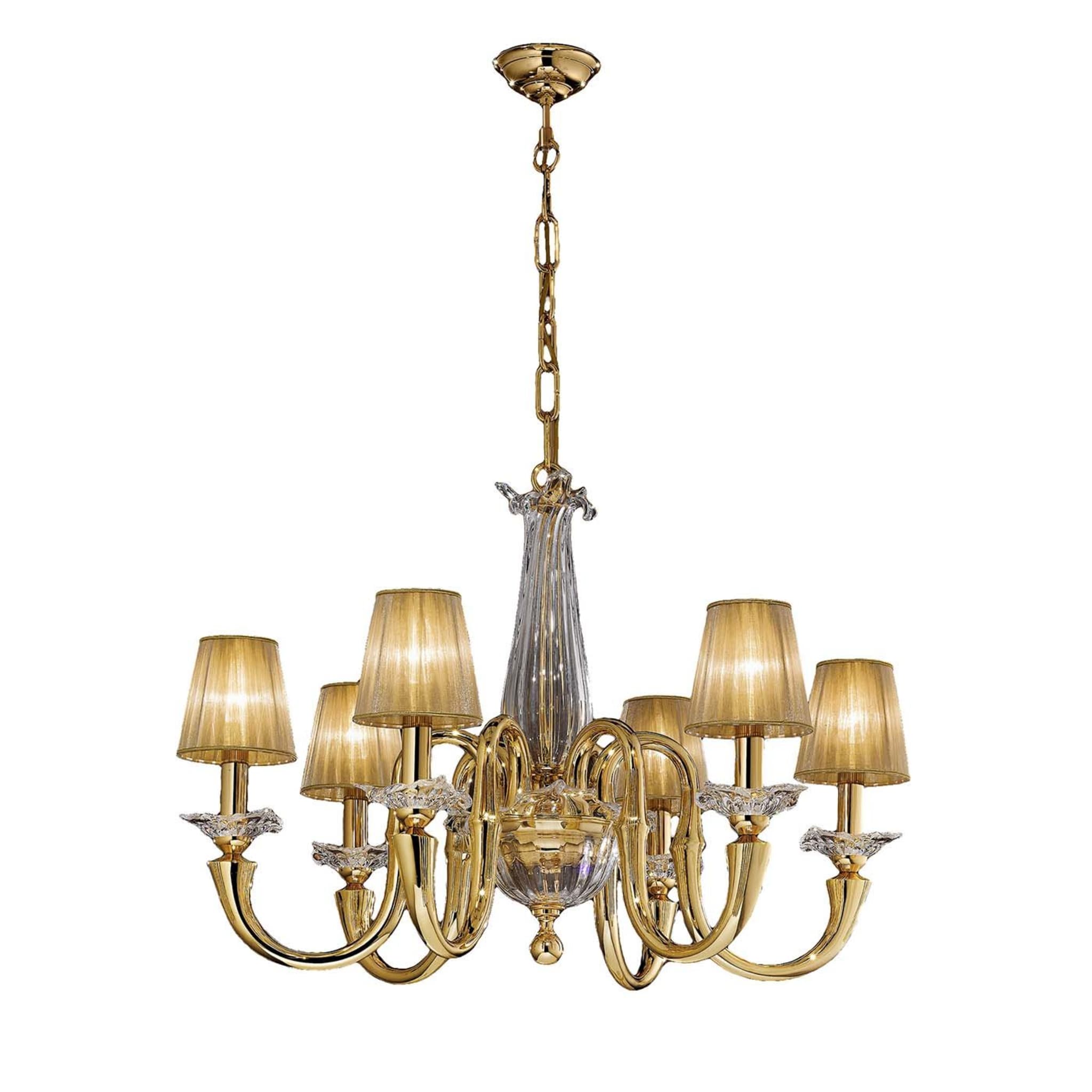 Gold and Crystal 6-Light Chandelier with Organza Shades - Main view