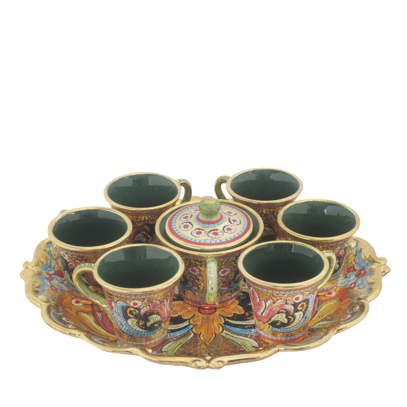 Mosaic Set of Six Espresso Cup with Sugar Bowl and Round Tray - Sambuco
