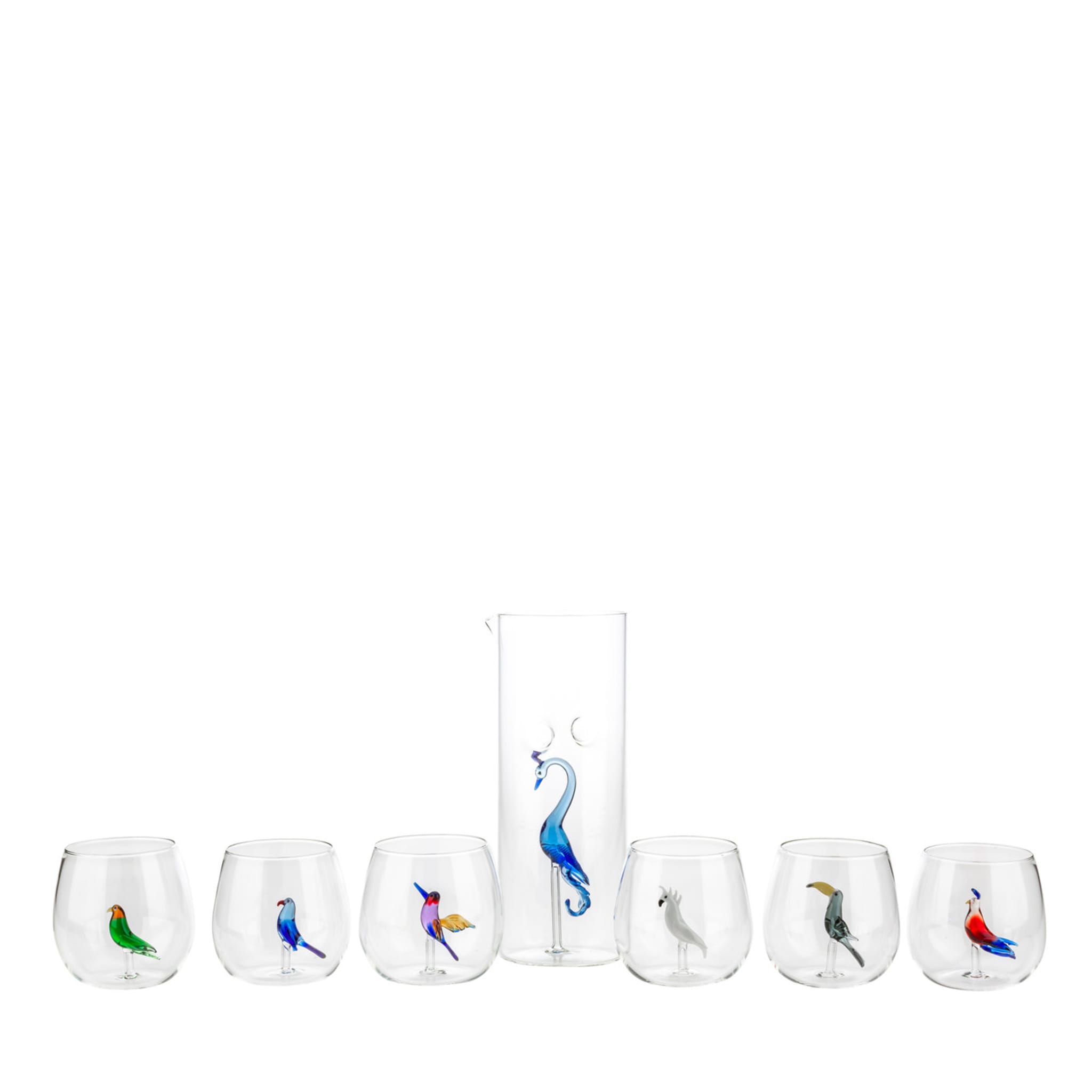 Set of 6 Tropical Bird Glasses and Peacock Pitcher - Main view
