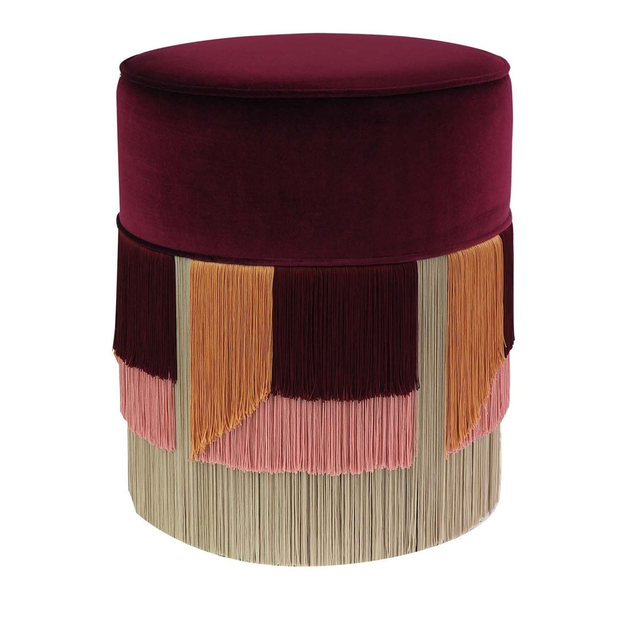 Burgundy Cylinder Wood Ottoman with Velvet Upholstery - Main view