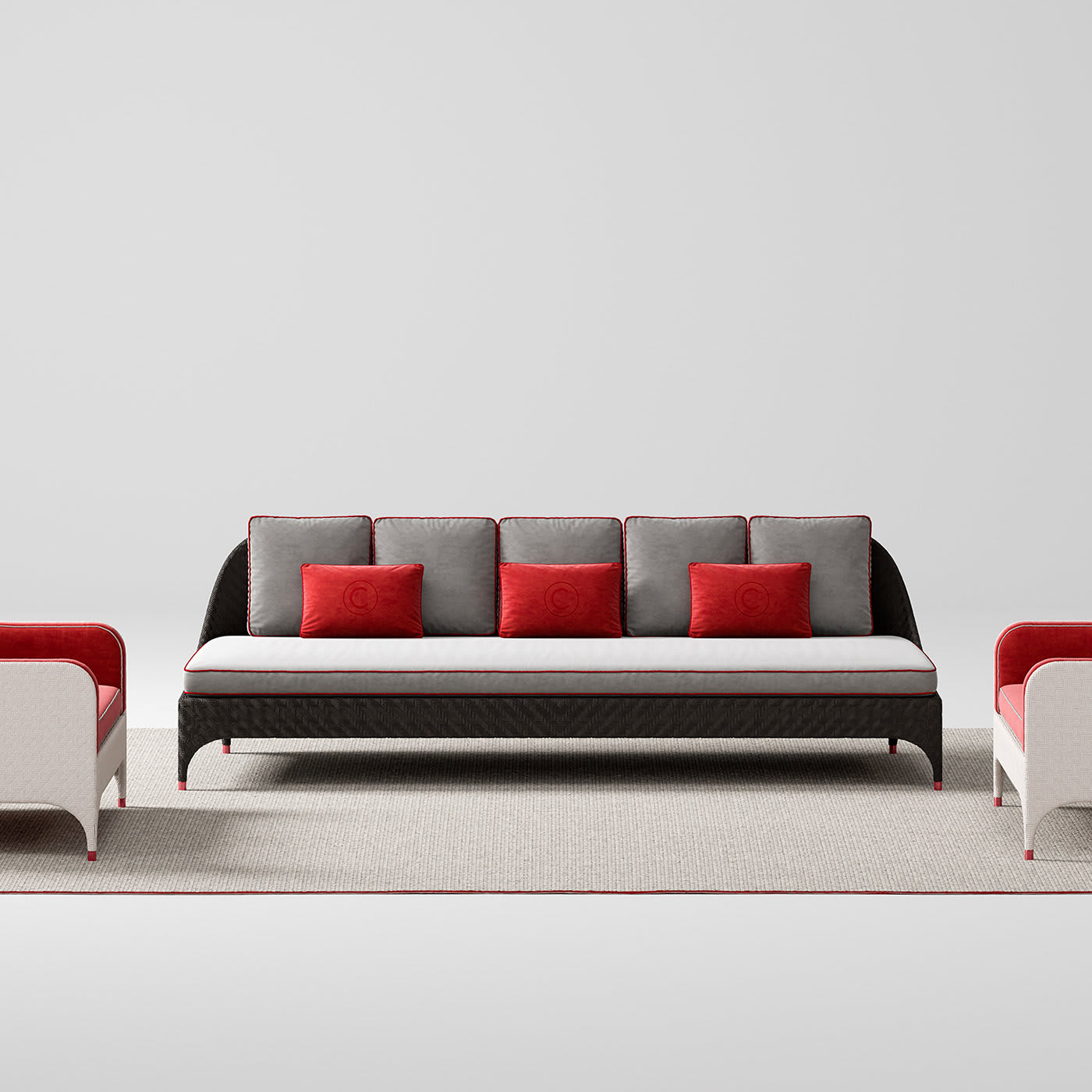 Black 3-Seater Sofa with Gray and Red Cushions - CPRN Homood