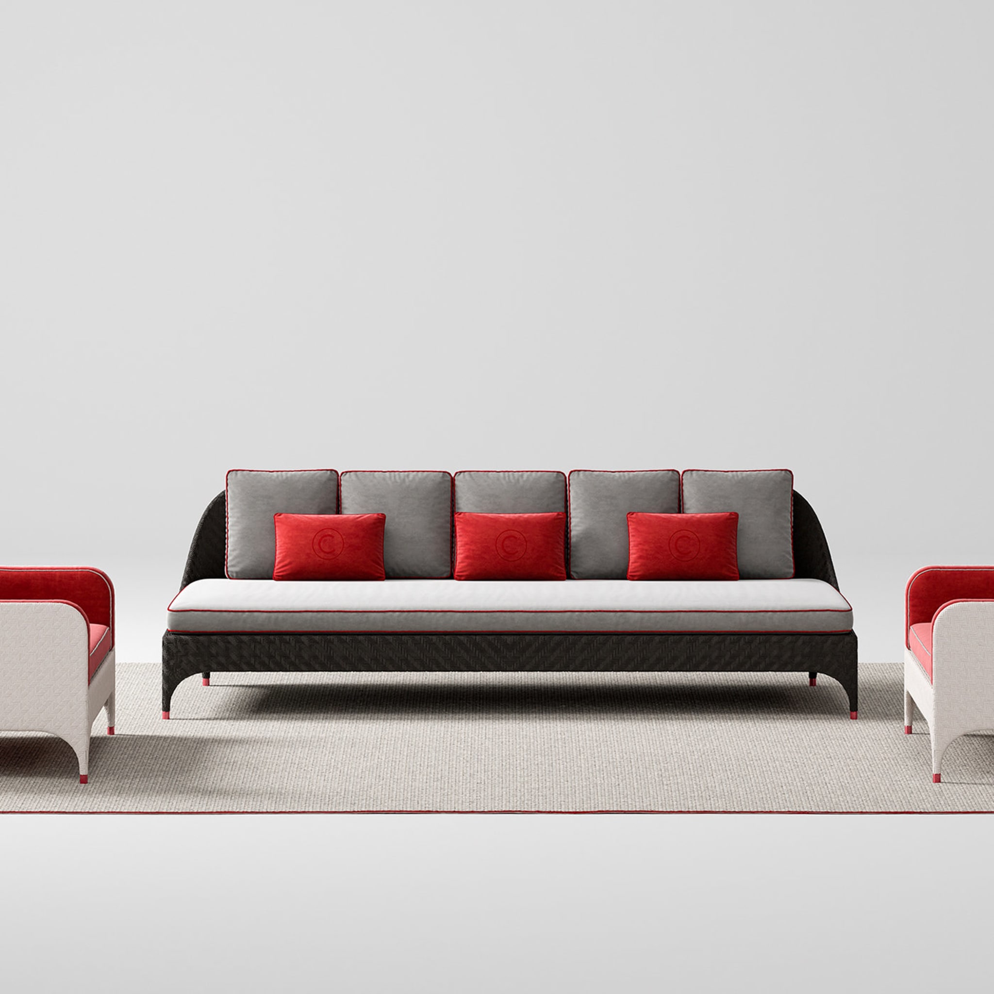 Black 3-Seater Sofa with Gray and Red Cushions - Alternative view 1