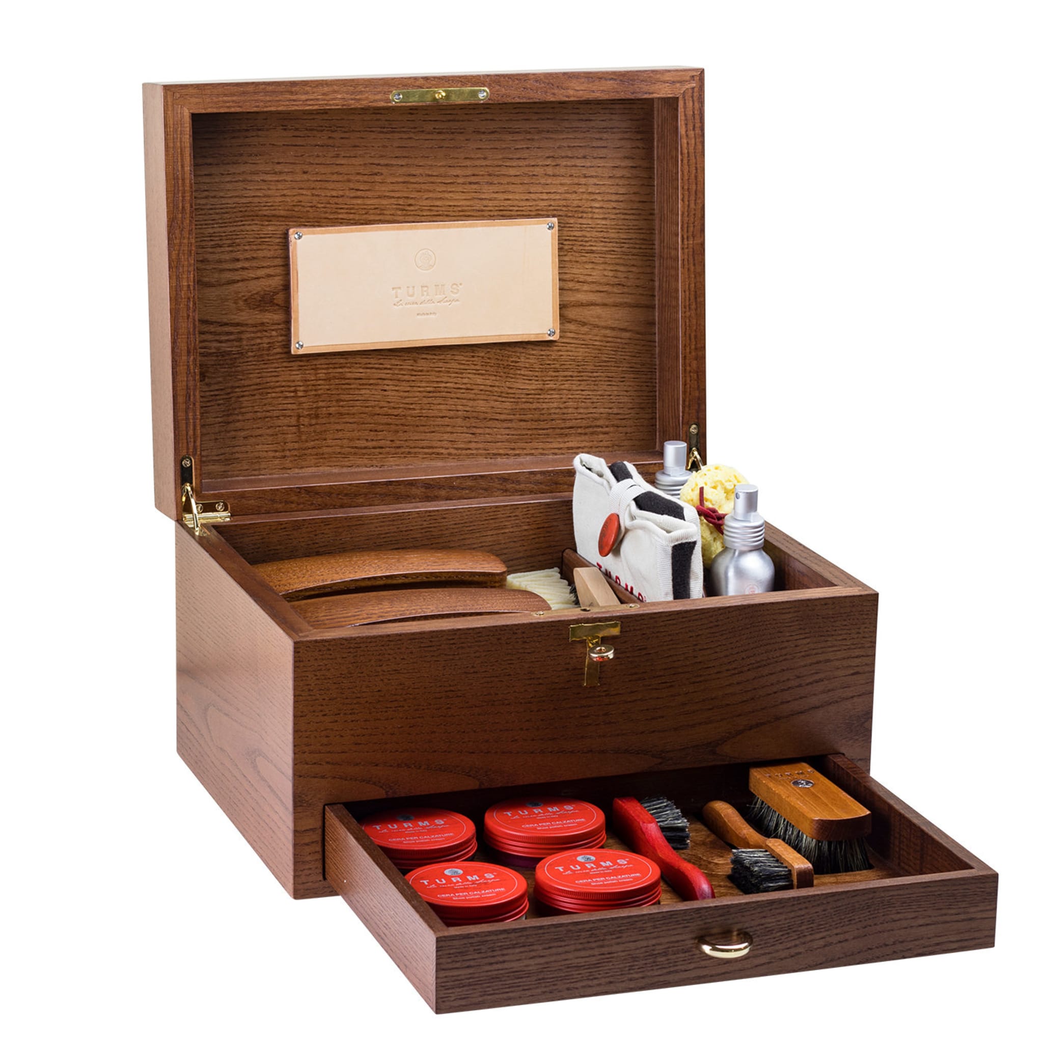 Ash wood box of shoe accessories - T model with key - Main view