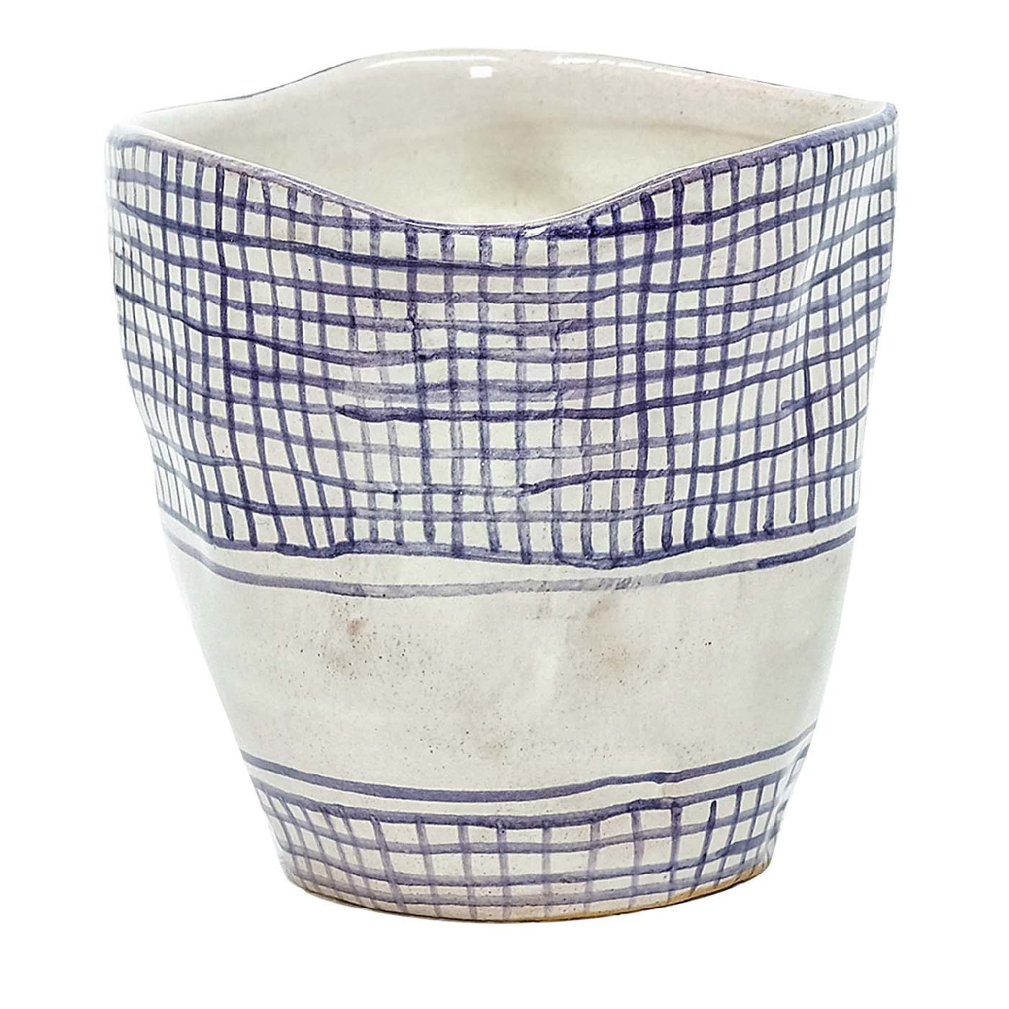 Set of 2 Crumpled Ceramic Cups with Purple Checks - Main view